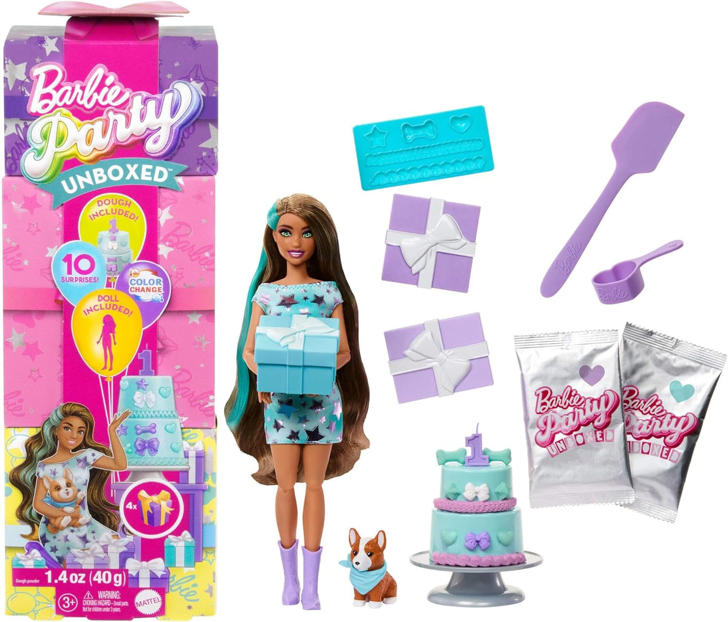 Party panenka Barbie rozbalená a doplňky Birthday Pet Series 10 Překvapení Party Star Set včetně efektu měnícího barvu a dortových dekorací JFG72
