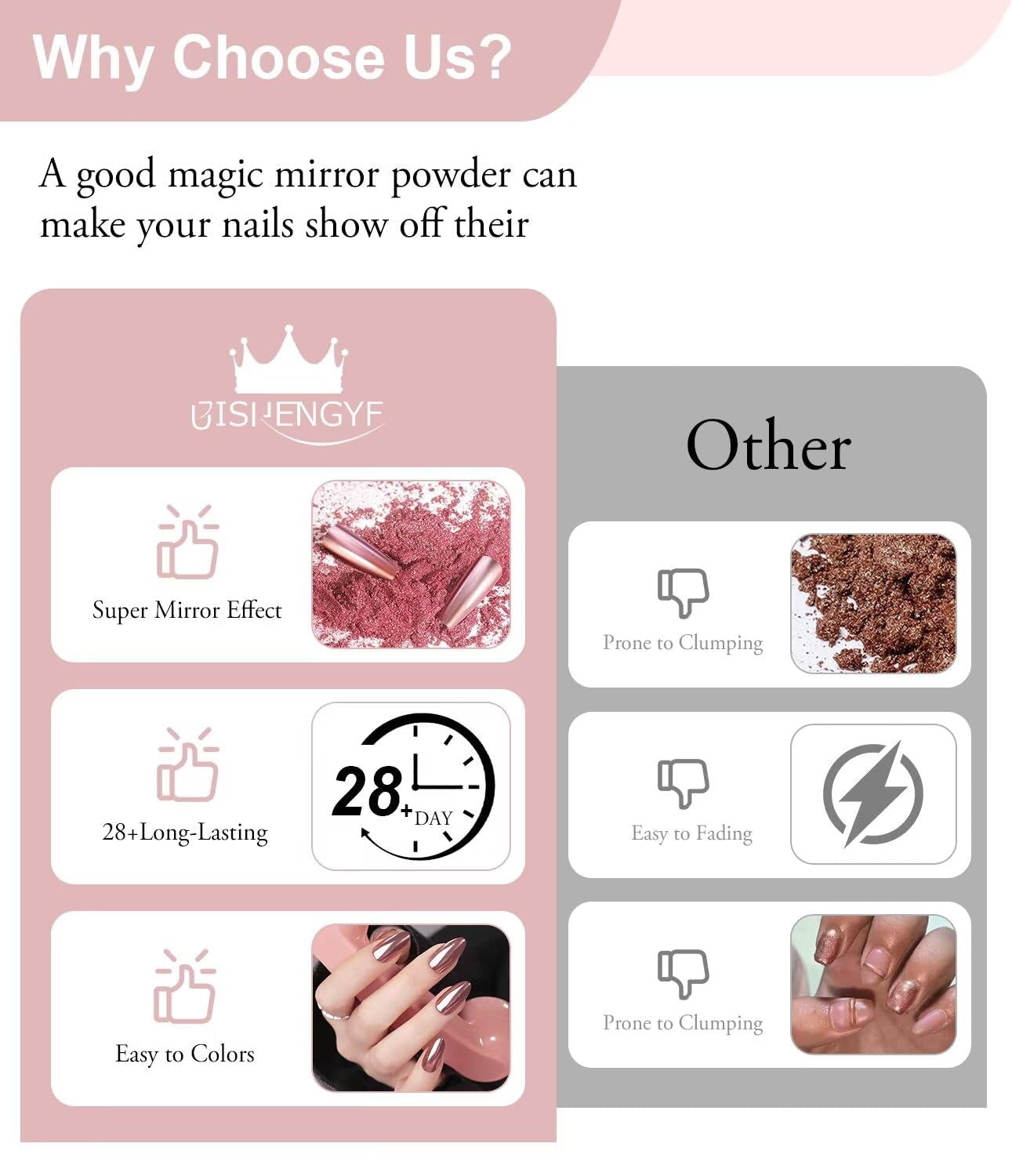 BISHENGYF Rose Gold Chrome Nail PowderNeue Upgrade Grosse Kapazitä Chrom PulverSuper-Spiegeleffekt Metall Mirror Chrome Powder – Neon Glassy Pearl Effect Glitter Nagelkunst Pulver Für DIY Salon