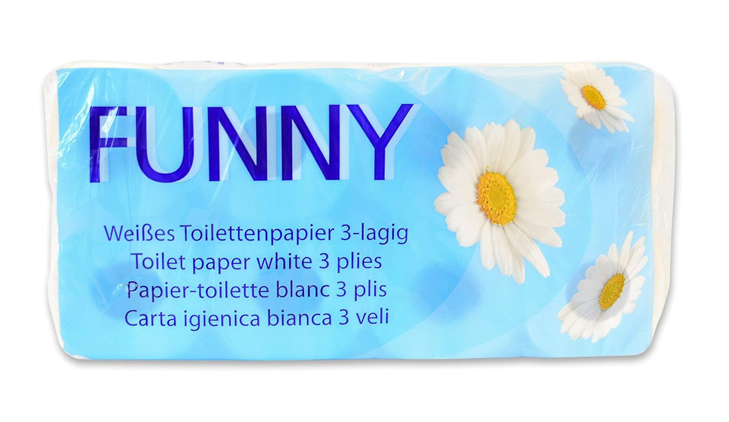 Funny toaletní papír AG-014, 3 vrstvy, 250 listů, 9,5 cm x 11 cm, bílý, jedno balení po 8 rolích