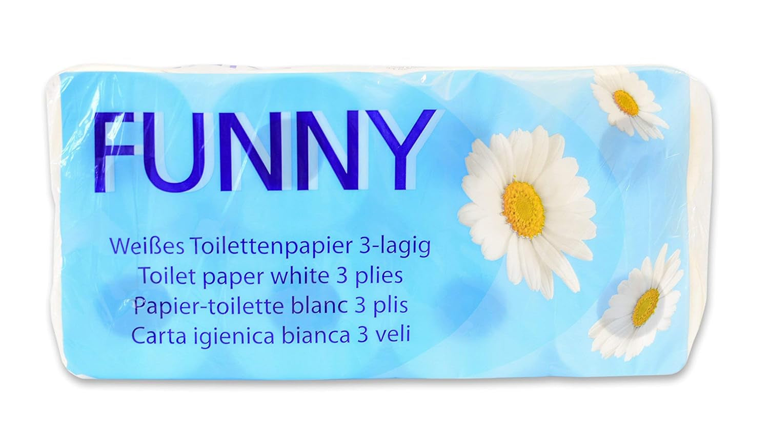 Funny toaletní papír AG-014, 3 vrstvy, 250 listů, 9,5 cm x 11 cm, bílý, jedno balení po 8 rolích