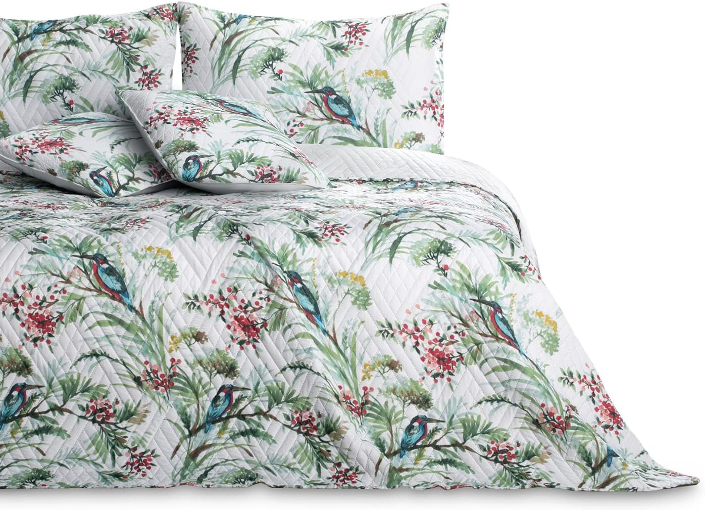 Ameliahome Přehoz přes postel Přehoz na postel 260X280 Cm Dvě strany Snadná údržba Prošívání Rostlinný vzor Ptačí vzor Vícebarevný Kingfisher Postele a přikrývky Besuche den AmeliaHome-Store Kingfisher 260 X 280
