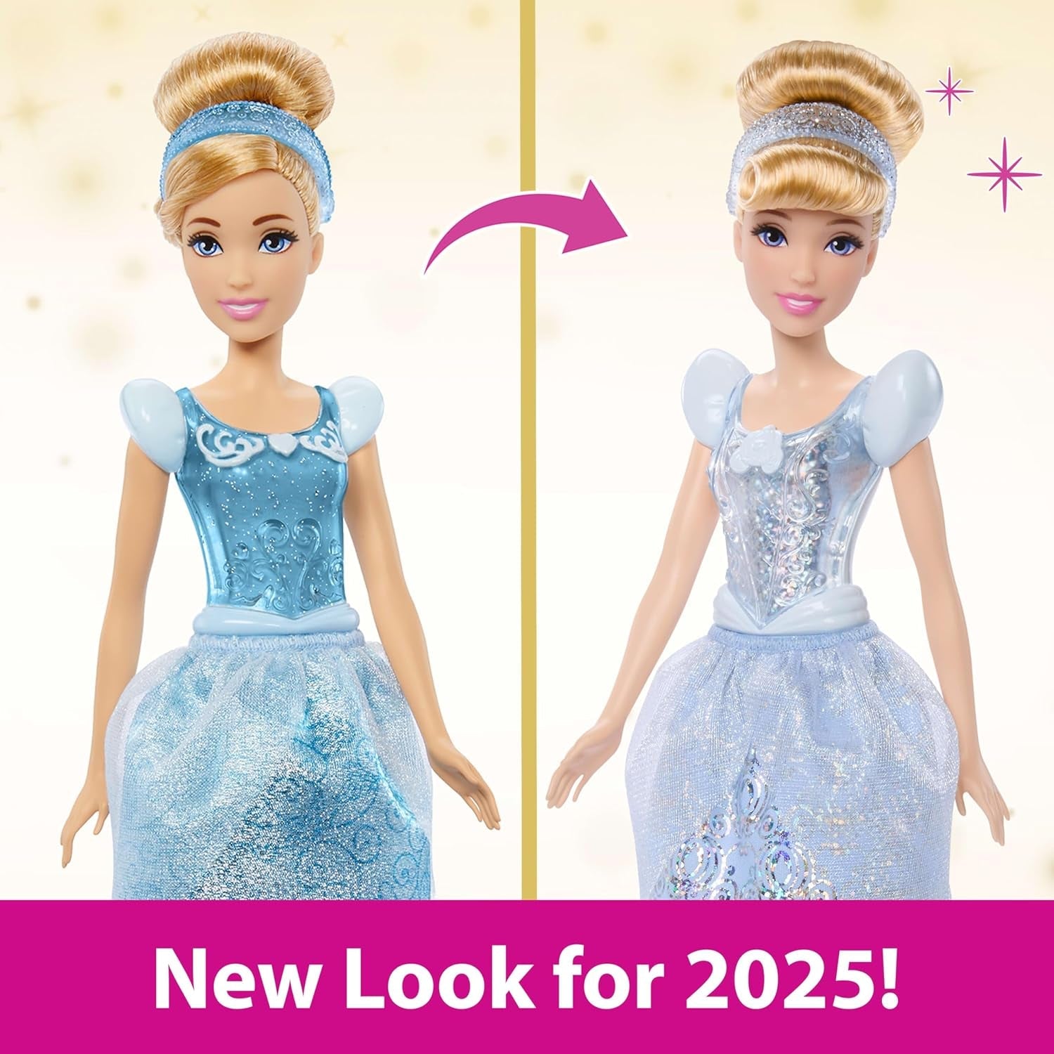 Mattel DISNEY Princezna Popelka - Kloubová panenka se třpytivým outfitem, odnímatelné boty a diadém, vyčesané vlasy pro zábavu při stylingu, pro děti od 3 let, HLW06