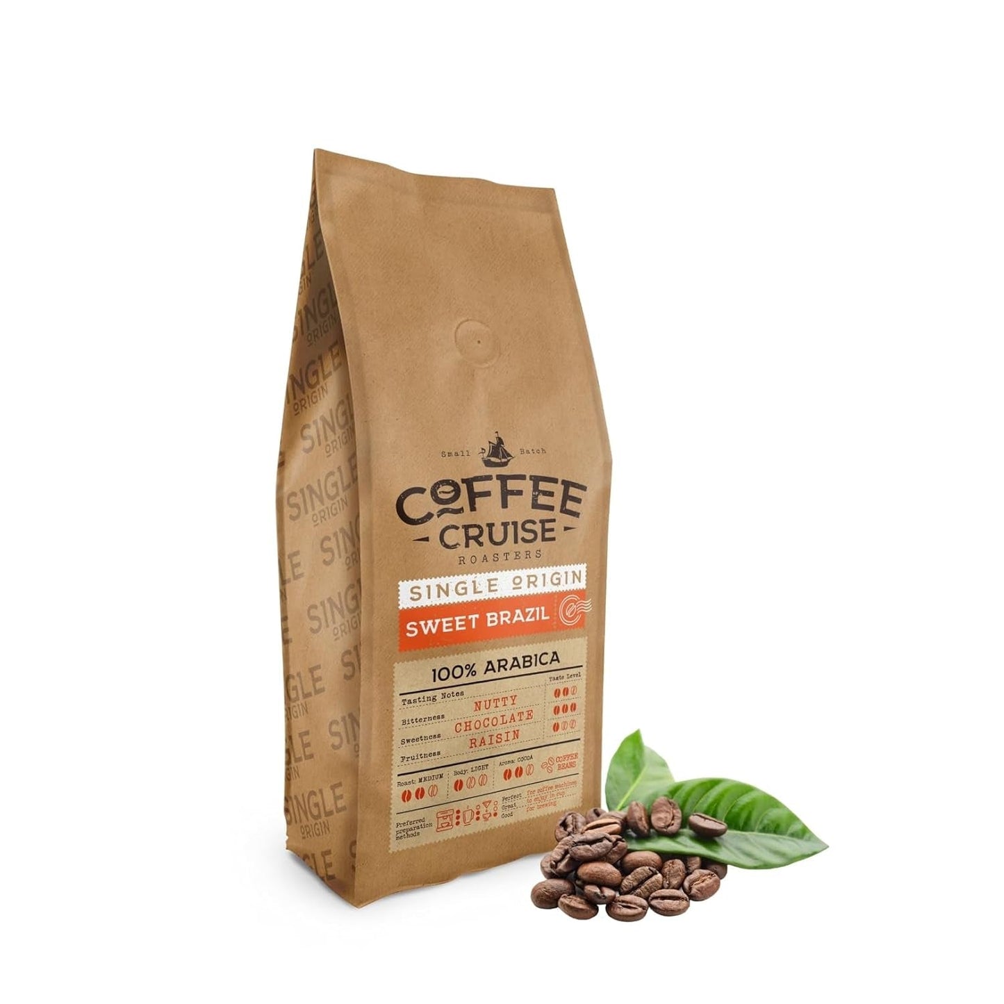COFFEE CRUISE Sweet Brazil Brasilianische Kaffeebohnen 1kg - Mittlere Röstung - Aroma Kakao und Schokolade - Für All Kaffeemaschinen - 100% Arabic