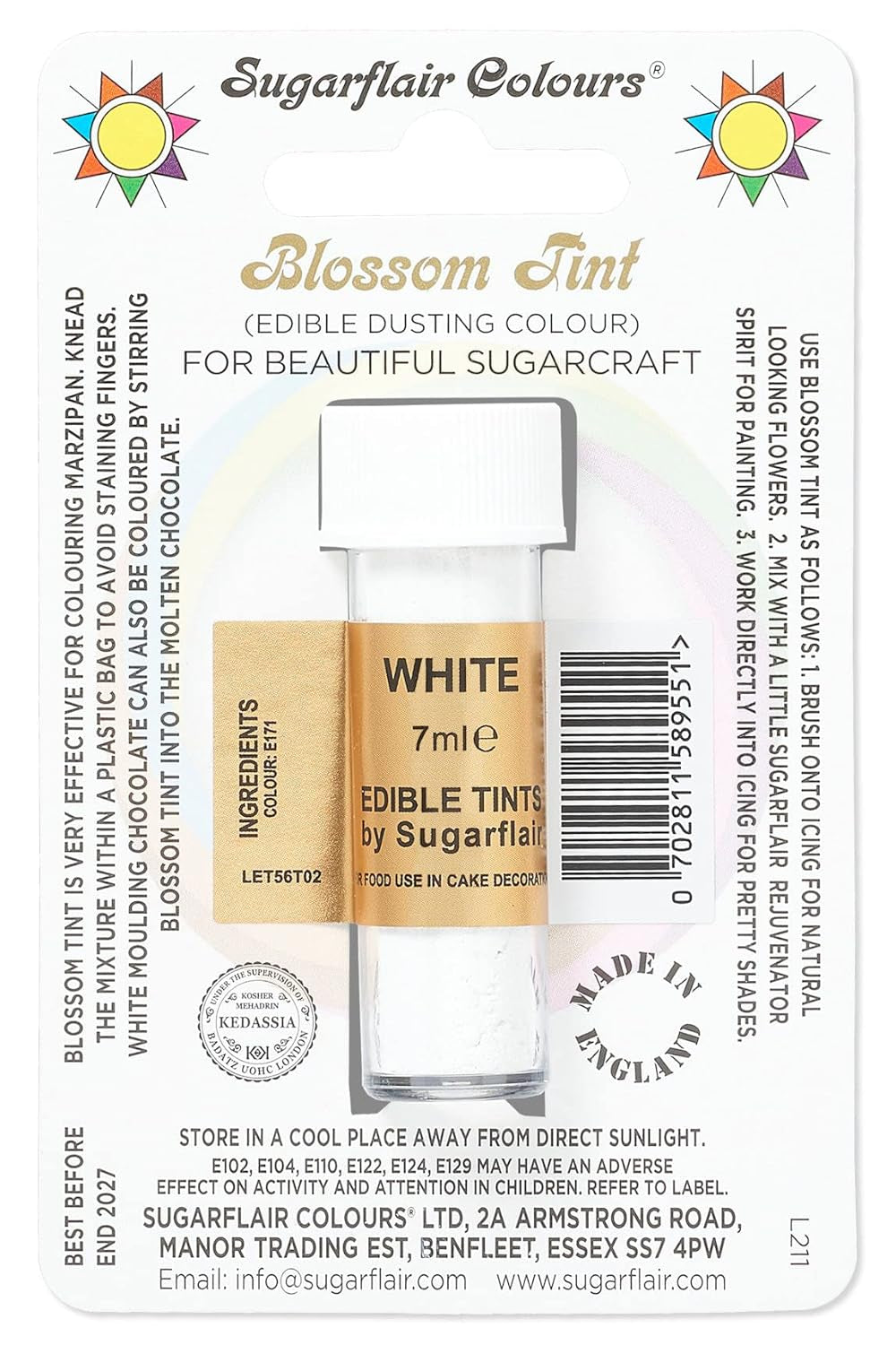 Potravinářské barvivo v prášku Sugarflair Blossom Tint Dusting, bílé - Potravinářské barvivo v prášku na zdobení barevné cukrové pasty, fondánu, polevy, čokolády, máslového krému, makronek - 7 ml