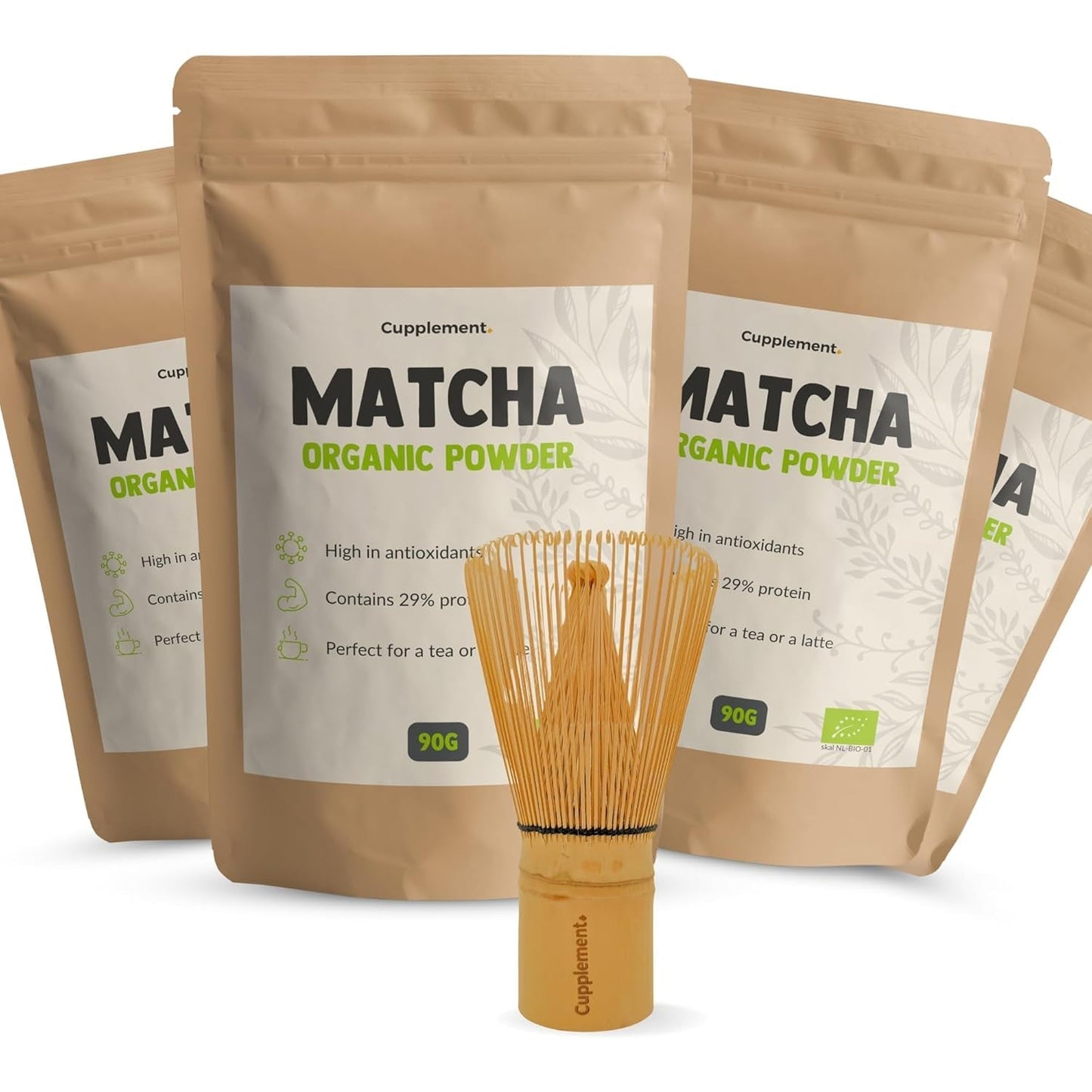 Cupplement Matcha 90 gramů bio - Nejkvalitnější práškový zelený čaj - Bez bambusové metly a drátu - Kuchařství - Sada pro začátečníky - Latte - Šlehačka - Japonsko - Prášek - Čaj - Drát - Sáček - Smoothie