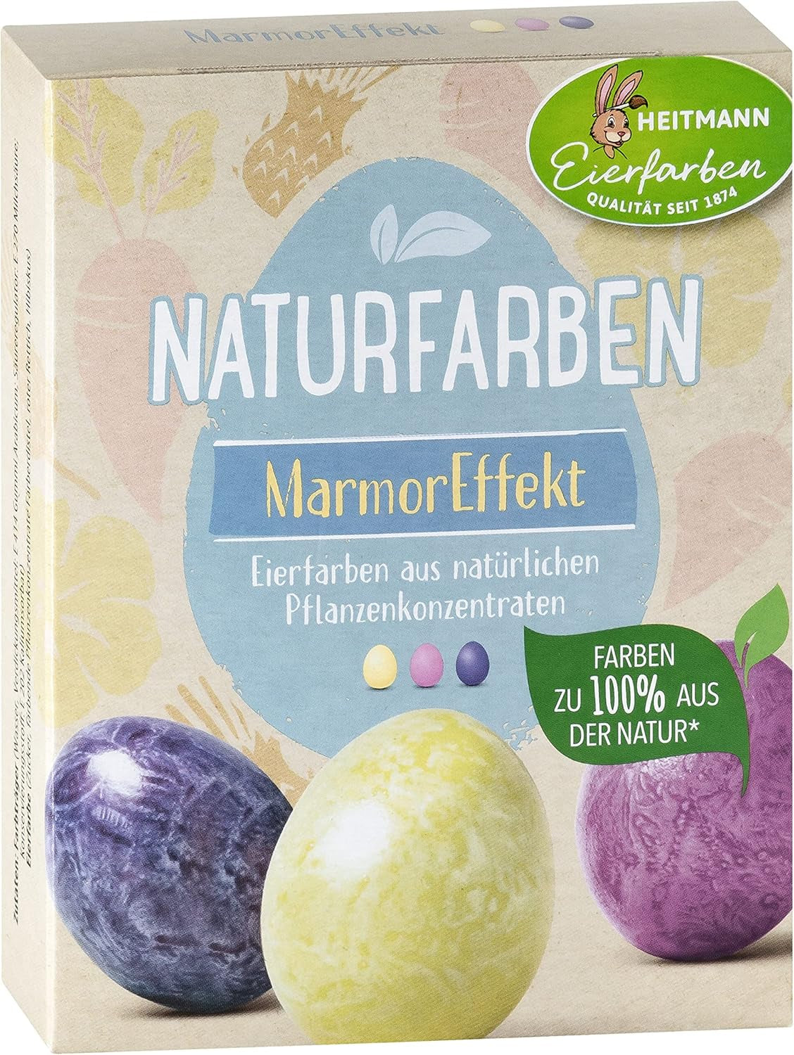 Heitmann sada přírodních barviv na vaječné barvivo, 3 prášky do vaječných barviv (žlutá, fialová, šedomodrá), list samolepek na trávu