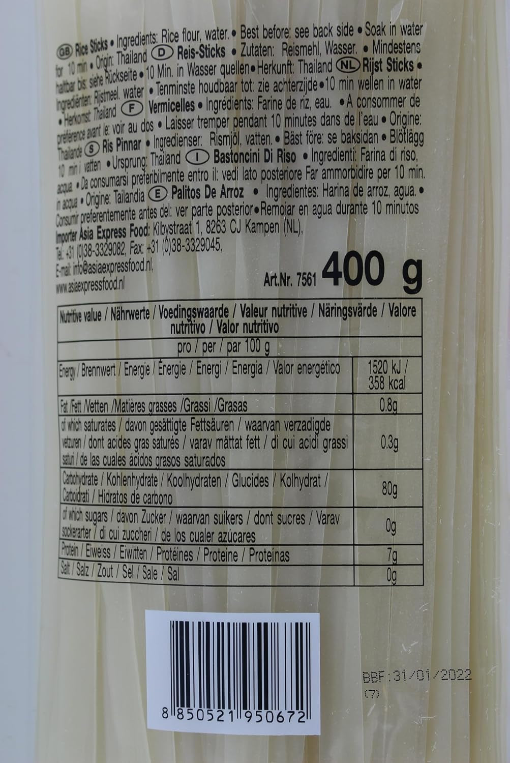 Rýžové nudle – thajské, 10 mm široké nudle z rýžové stuhy, z rýžové mouky, rovné – 1 x 400 g