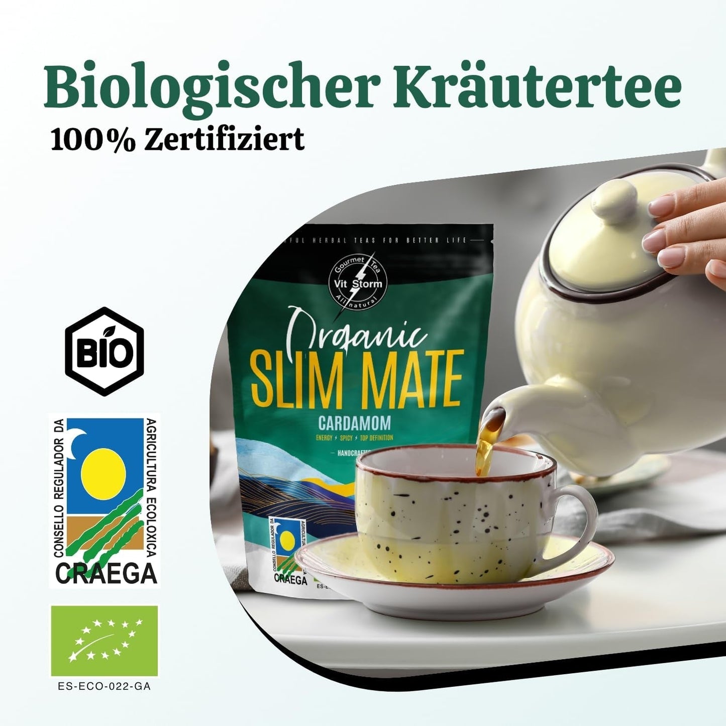 VITSTORM® Slim Tea Kardamom – BIO čaj Yerba Mate – Detoxikační a diuretický čaj – 100G