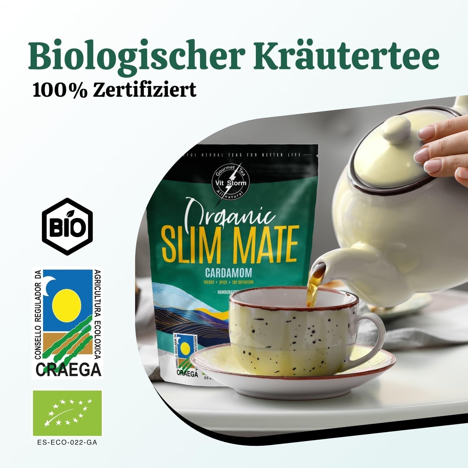 VITSTORM® Slim Tea Kardamom – BIO čaj Yerba Mate – Detoxikační a diuretický čaj – 100G