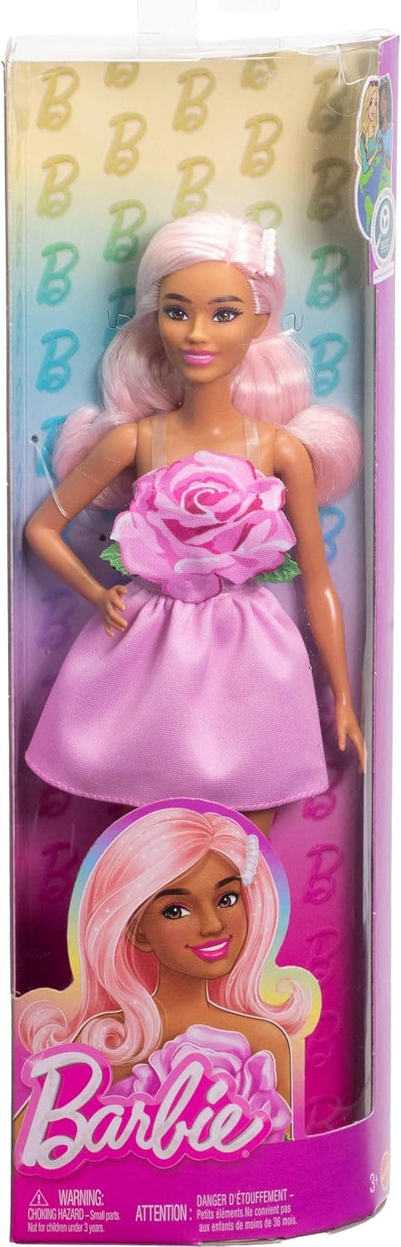 Panenka Barbie Fashionistas č. 238 s pastelově růžovými vlasy, šaty bez ramínek s růžovým topem, perleťovou sponou do vlasů a páskovými vysokými podpatky, HYT94 Naty Shop Dolls