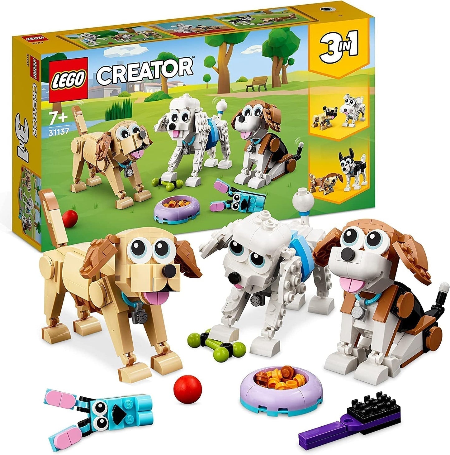 Sada LEGO 31137 Creator 3v1 roztomilý pes s figurkami zvířat jezevčík, mops, pudl a další, hračka pro děti 7+, dárek pro milovníky psů Stavebnice Besuche den LEGO-Store Výchozí název