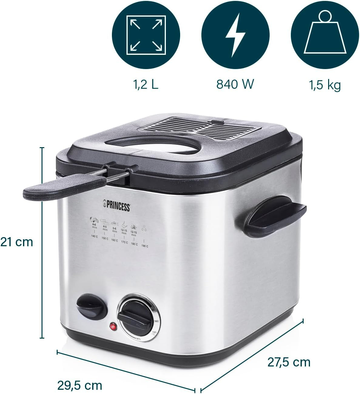 Princess 182611 Mini Fondue Fritéza - Rychlý ohřev - Pachový filtr - Kapacita 1,2 litru, Stříbrná domácí spotřebiče Naty Shop