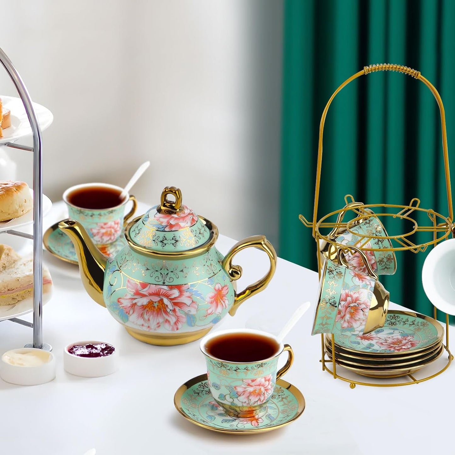 Keramická čajová souprava s kovovým stojánkem, 20 kusů Vintage květinový vzor Porcelánová čajová souprava, Evropský styl čajová souprava pro 6, 160 ml keramický šálek na čaj, 700 ml konvice, na večírky