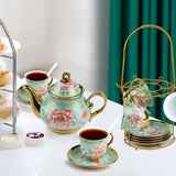 Keramická čajová souprava s kovovým stojánkem, 20 kusů Vintage květinový vzor Porcelánová čajová souprava, Evropský styl čajová souprava pro 6, 160 ml keramický šálek na čaj, 700 ml konvice, na večírky