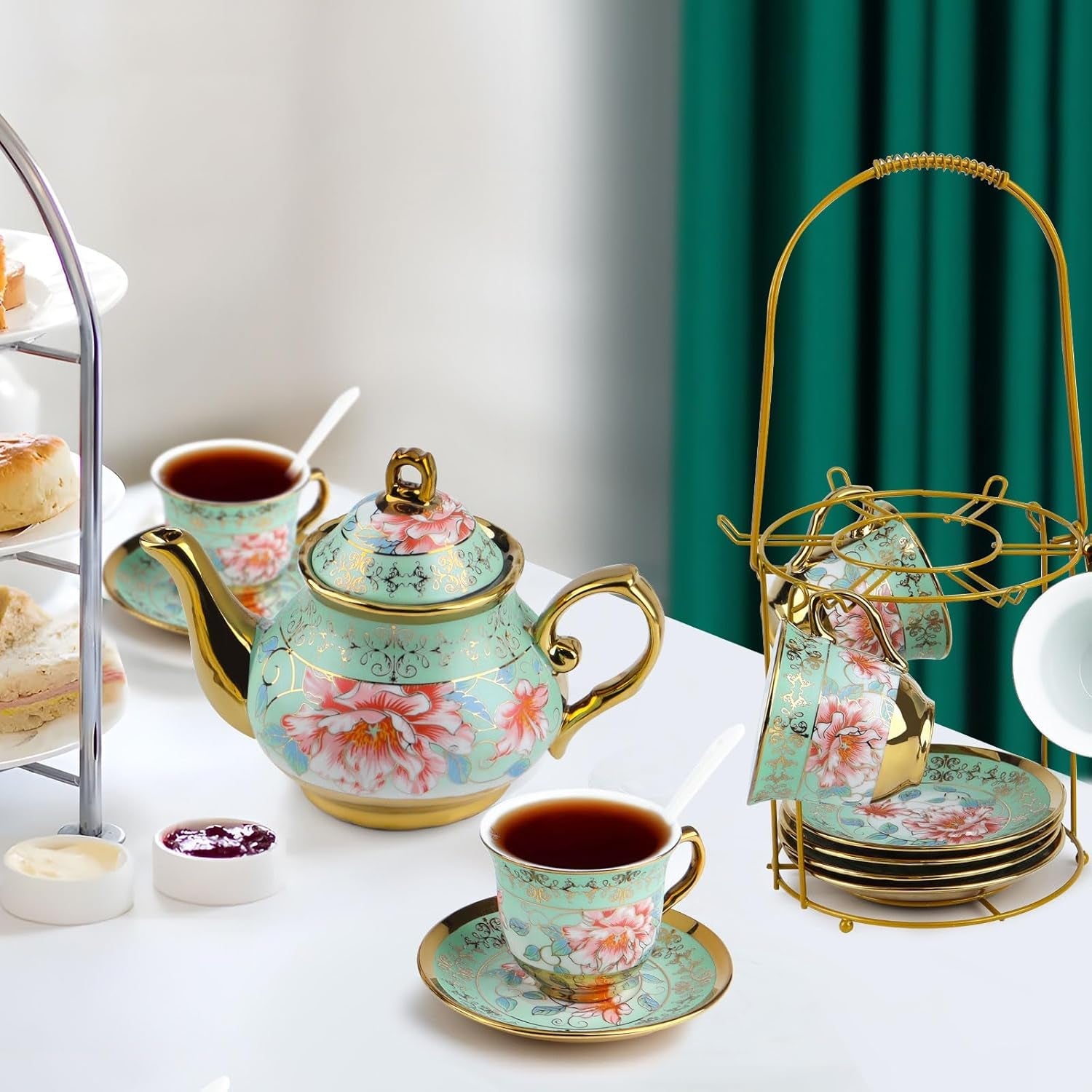 Keramická čajová souprava s kovovým stojánkem, 20 kusů Vintage květinový vzor Porcelánová čajová souprava, Evropský styl čajová souprava pro 6, 160 ml keramický šálek na čaj, 700 ml konvice, na večírky