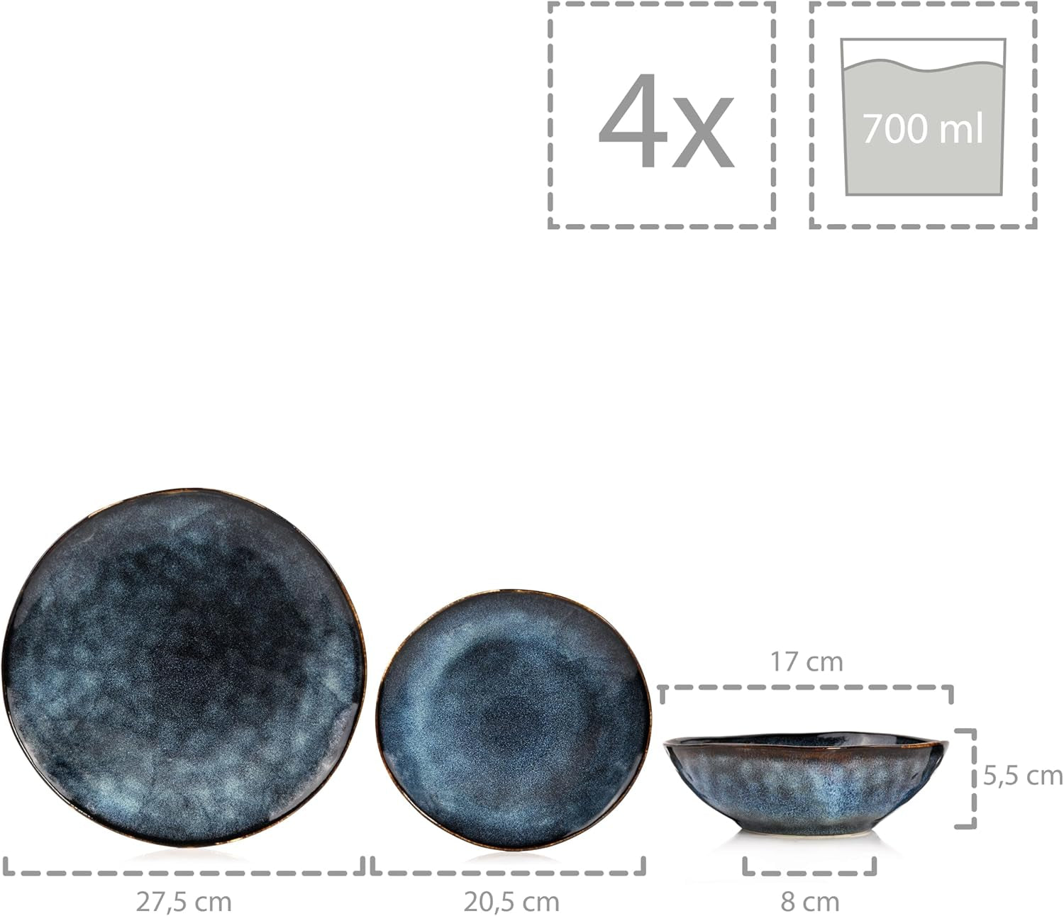 SANGER | Tokyo Dinnerware Set 12dílná sada kameninového nádobí pro 4 včetně talířů, dezertních talířů a misek, tmavě modrá s černými akcenty | PRÉMIOVÁ KOLEKCE
