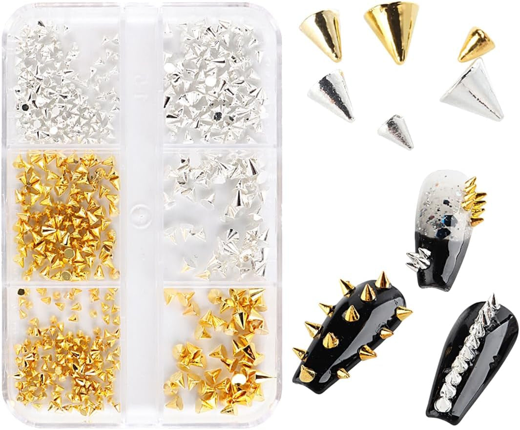 Mini Metall Nieten Punk Přívěsky na nehty Zlatá Stříbrná Strasssteine ​​Nägel Přívěsek Kegel Spikes Nagelschmuck Glitzersteine ​​Study na nehty Nagel Steine ​​​​Legierung Nagelanhänger Kamínky Nageldesign Zubehör