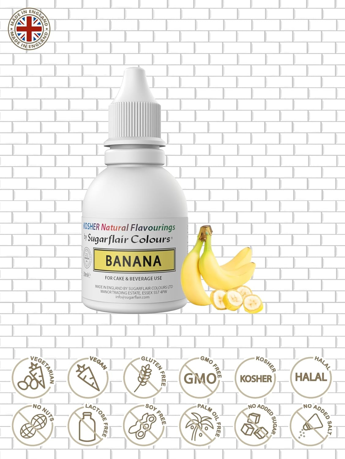 Sugarflair Kosher Banana Natural Food Příchuť Intenzivní příchutě na dorty, muffiny, polevy, nápoje, zmrzlinu – 100% přírodní příchuť – 30 ml