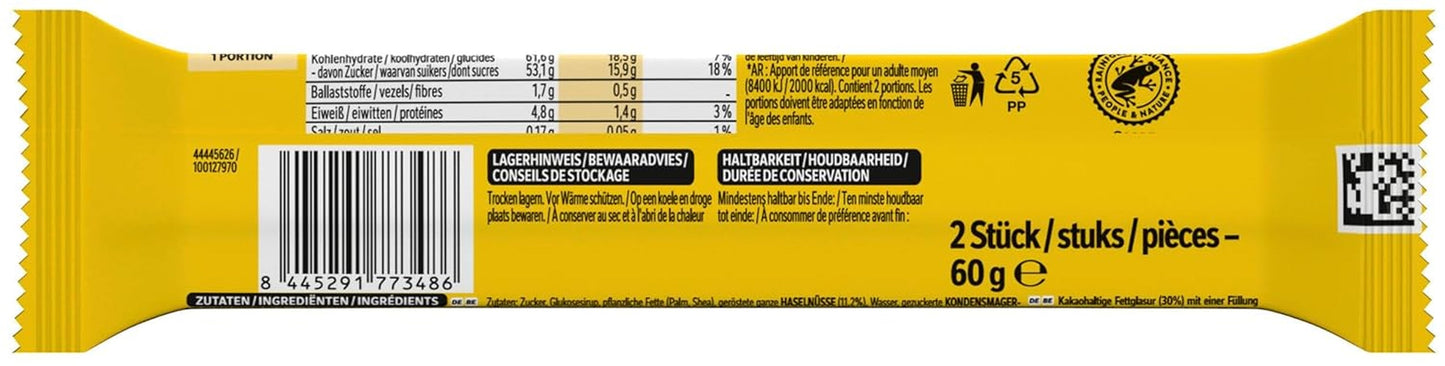 Čokoládové tyčinky NESTLÉ 2Pack, klasika s celými lískovými oříšky a karamelem obalená v mléčné čokoládě, balení 24 ks (24 x 2 x 30 g)