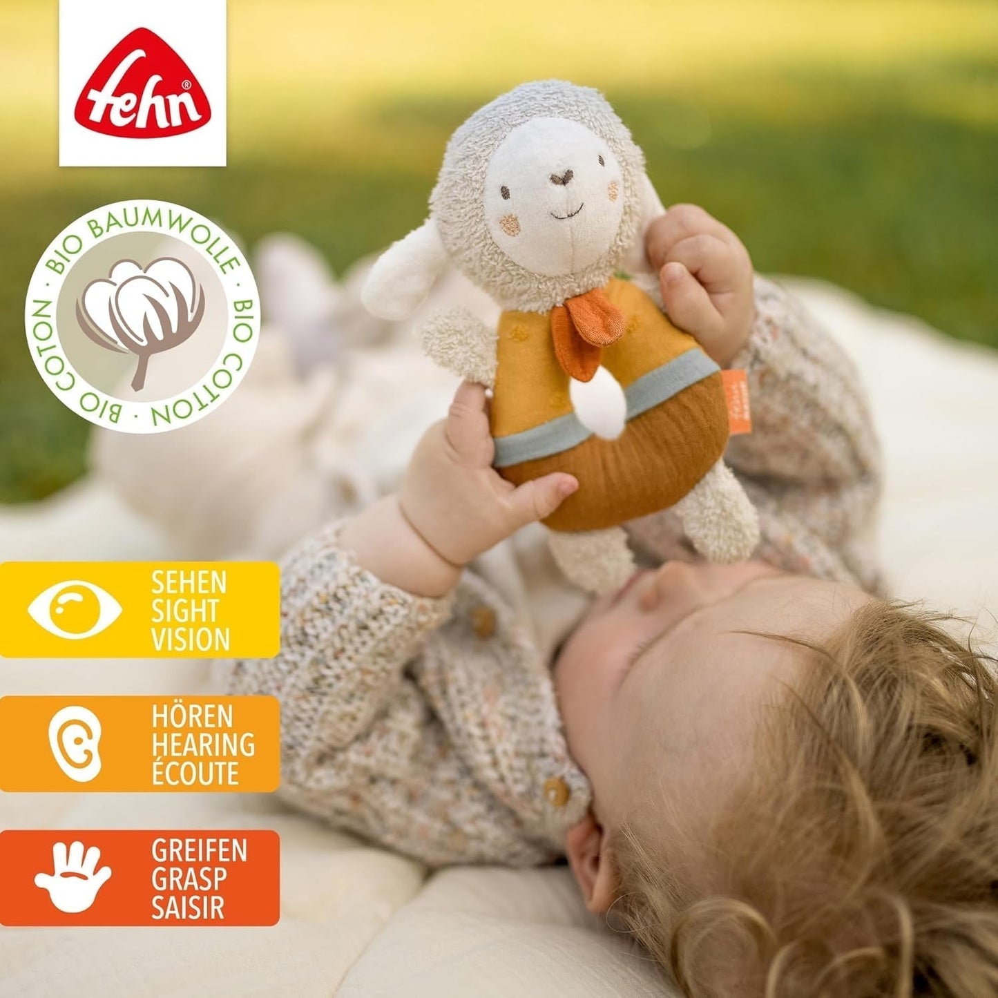 Fehn baby grip ring hračka ovečka fehnNATUR - plyšová hračka z bio bavlny - hračka pro miminko se zvonkem a hravá hračka na učení - hračka na uchopení pro miminka a batolata od 0+ měsíců Baby Toys Naty Shop