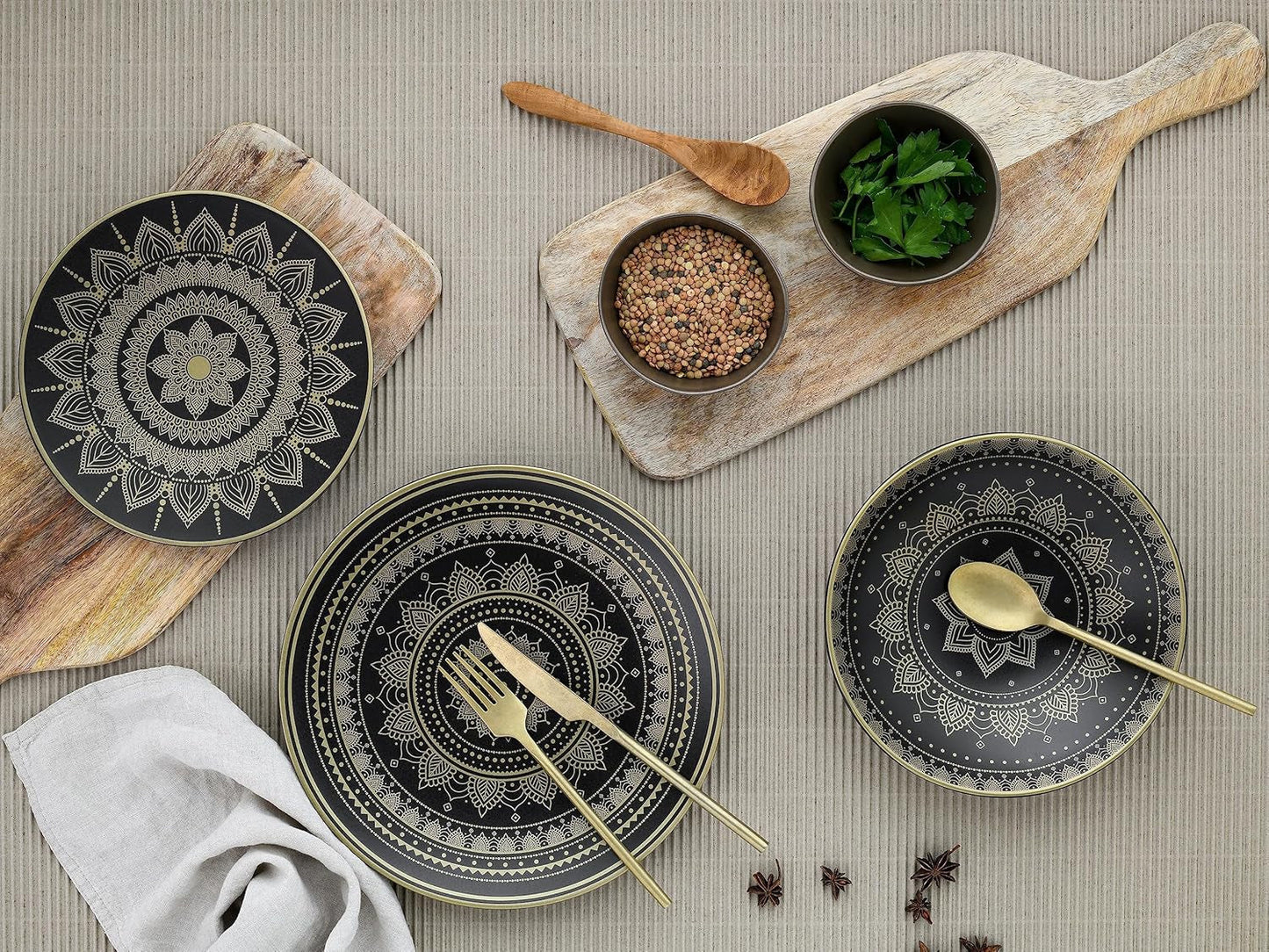 CreaTable, 23588, MANDALA GOLD Series – černá, 12dílná sada nádobí, sada porcelánových talířů, vhodné do myčky a mikrovlnné trouby, kvalitní výroba