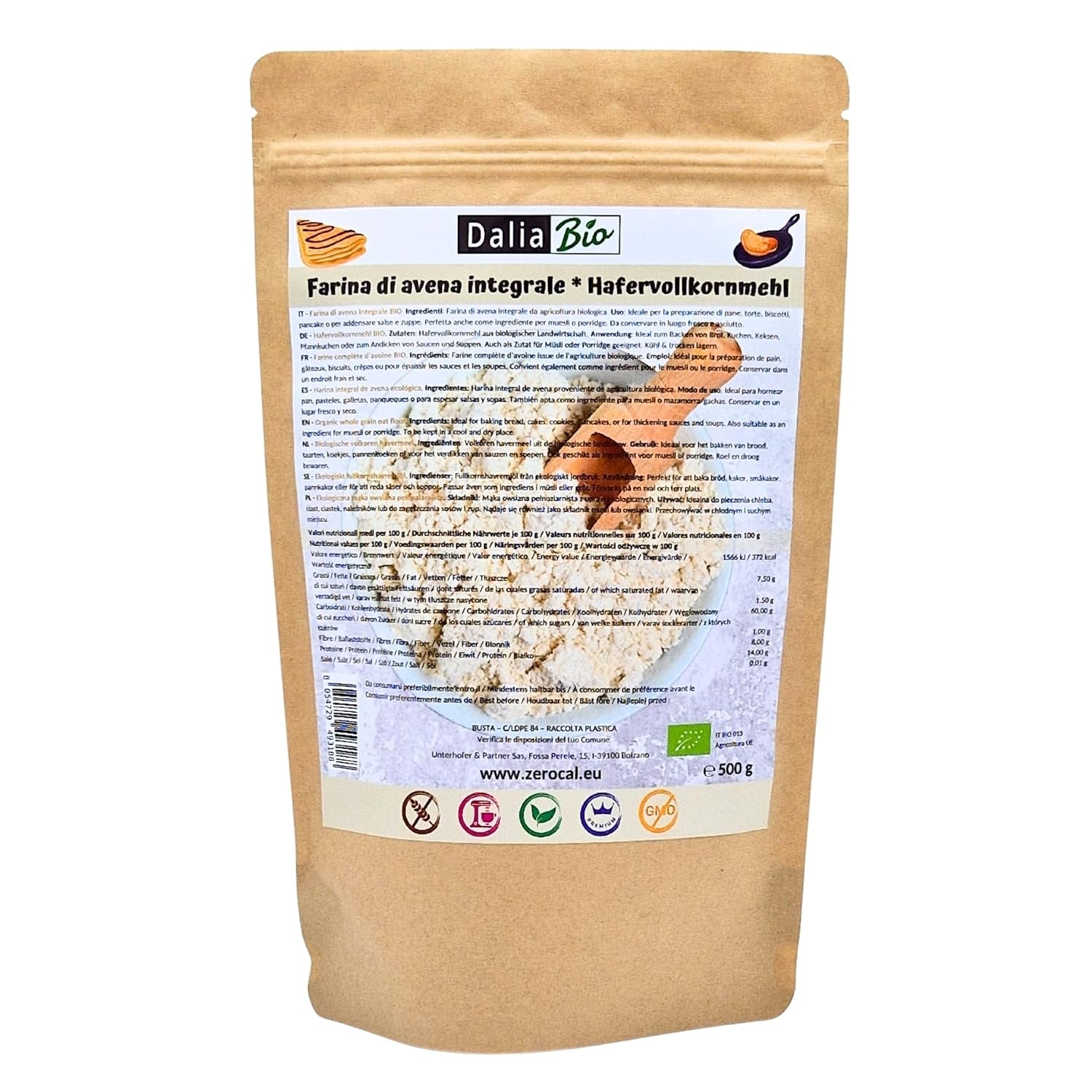 Dalia - BIO celozrnná ovesná mouka 500g | Bez lepku | Bohaté na vlákninu a bílkoviny Původ: Itálie | Na chléb, koláče, kaše a fitness recepty | Prémiová kvalita