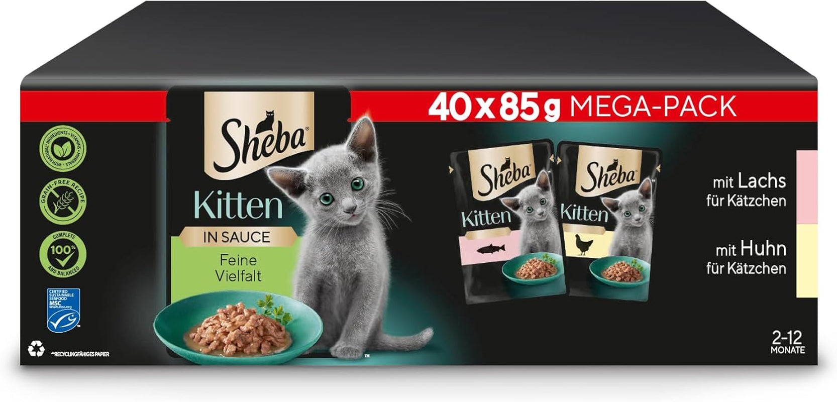 Sheba mokré krmivo pro koťata, v různých sáčcích, s lososem (MSC) a kuřecím masem v omáčce, multipack 40x85g