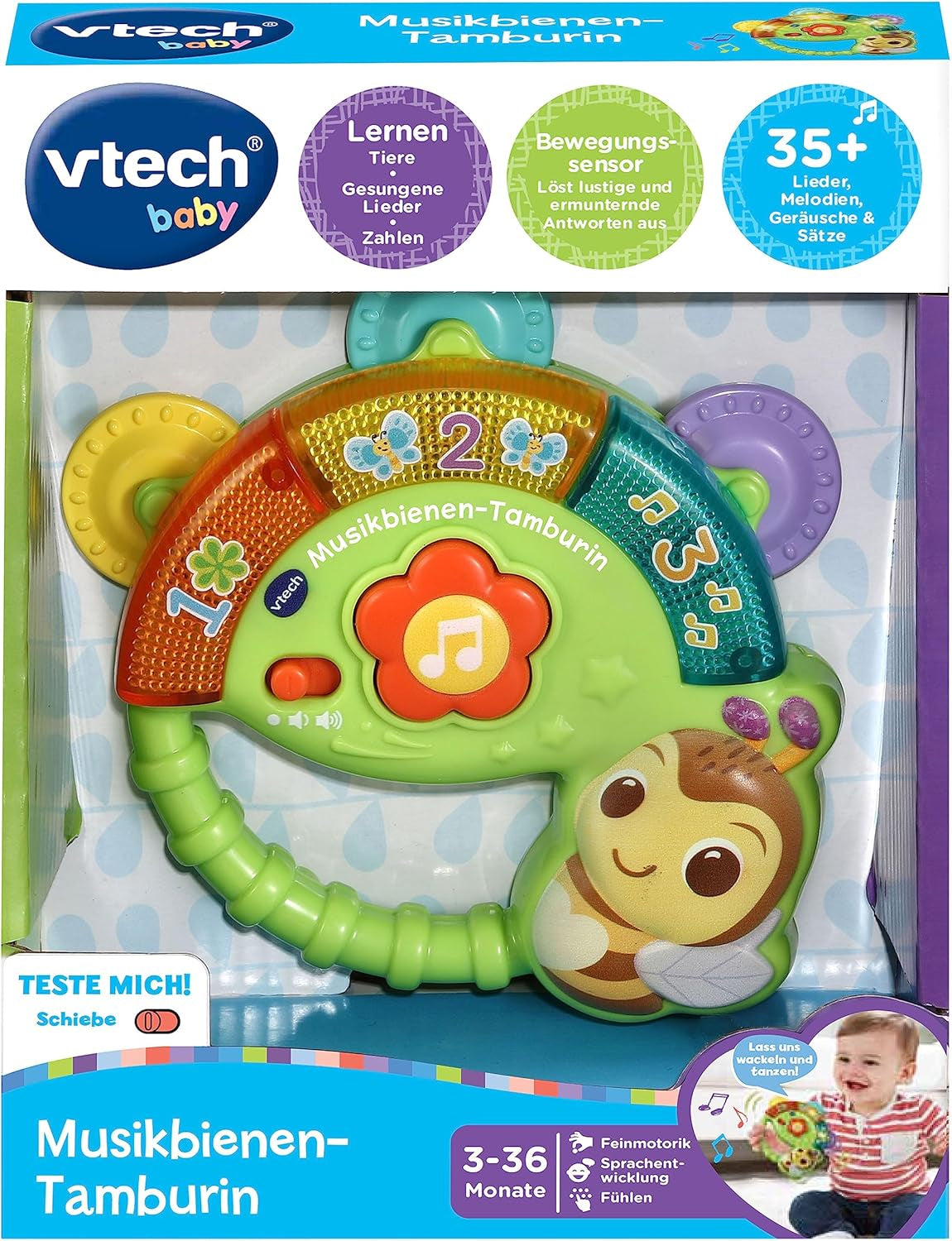 Vtech Baby Musical Bee Tamburine - Hudební hračka s čísly, vtipnými zvuky, větami a písničkami - Pro děti ve věku 3-36 měsíců Baby Toys Naty Shop