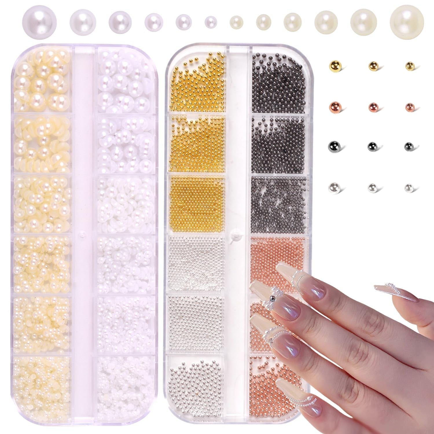GZMAYUEN Nail Art Perlen Micro Caviar Für Nägel, 0,3-3 mm Goldene Silber Mini Caviar Strasssteine, Weiß Béžový Mini Nägel Perlen Mikroperlen Dekor Für Nägel