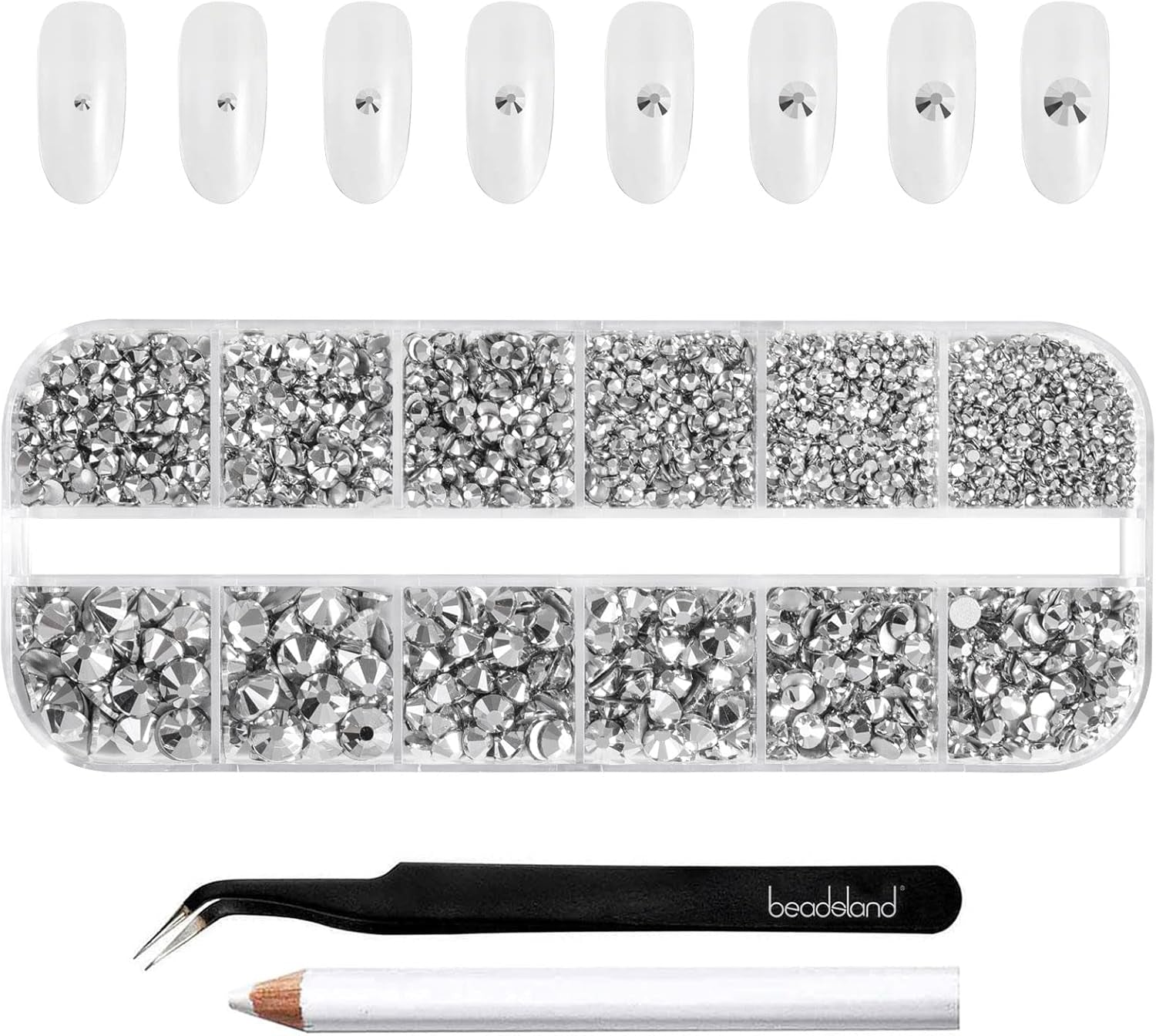 Beadsland 2500 ks Glas Nailart Strasssteine ​​​​Kristall Flatback Edelsteine ​​Runde, ​​Für Handwerk Gemischt 8 Größen SS4 ~ SS30 Mit Picking Pinzette Und Stift (Kristall Weiss)