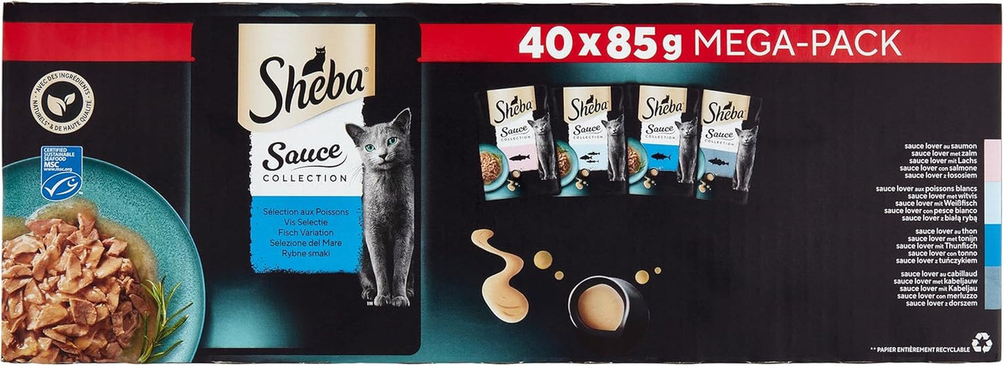 Sheba Sauce Collection Sáčky čerstvosti, mokré krmivo, výběr ryb pro dospělé kočky, 4 odrůdy, 40 x 85 g