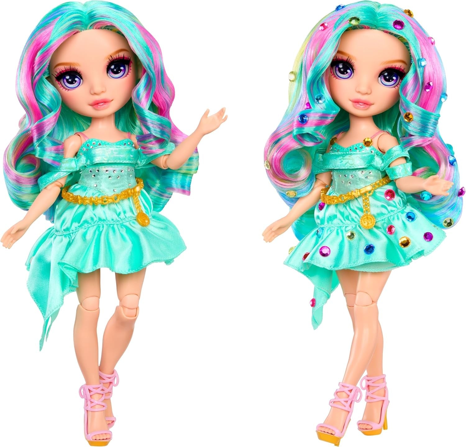 Módní panenka Rainbow High Be Dazzling - Celine Turquoise - modrozelená, 28 cm, s nástrojem na zdobení, třpytivými drahokamy a stylingovými doplňky