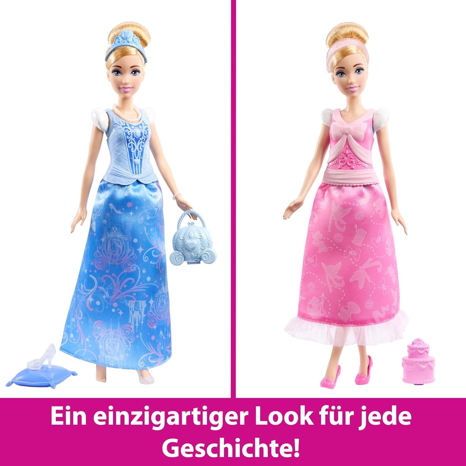 Módní panenka Mattel Disney Princess Toys Popelka se 2 oblečky, 9 doplňky, 2 topy se sponkami a 2 sukněmi. Příběhy 2 v 1 inspirované filmem Disney, JCR95