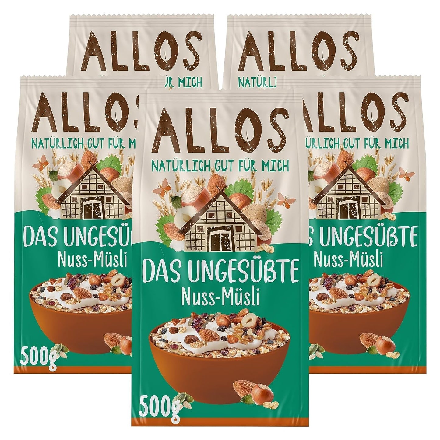 Allos neslazené proteinové müsli | Bio müsli | Ovesné vločky | Cereálie k snídani | Vegan (5 x 450 g), 1 kus (balení 5 ks)
