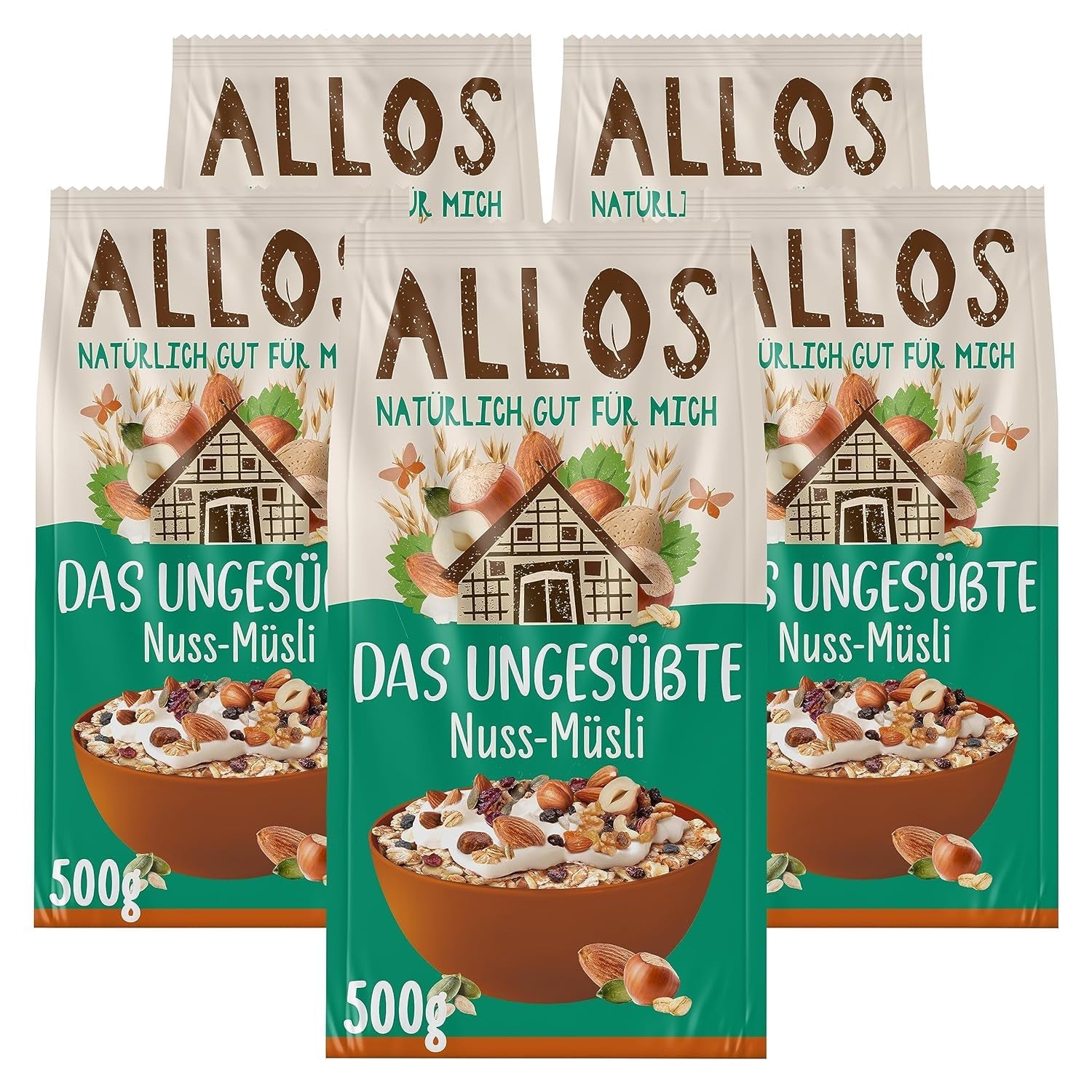 Allos neslazené proteinové müsli | Bio müsli | Ovesné vločky | Cereálie k snídani | Vegan (5 x 450 g), 1 kus (balení 5 ks)