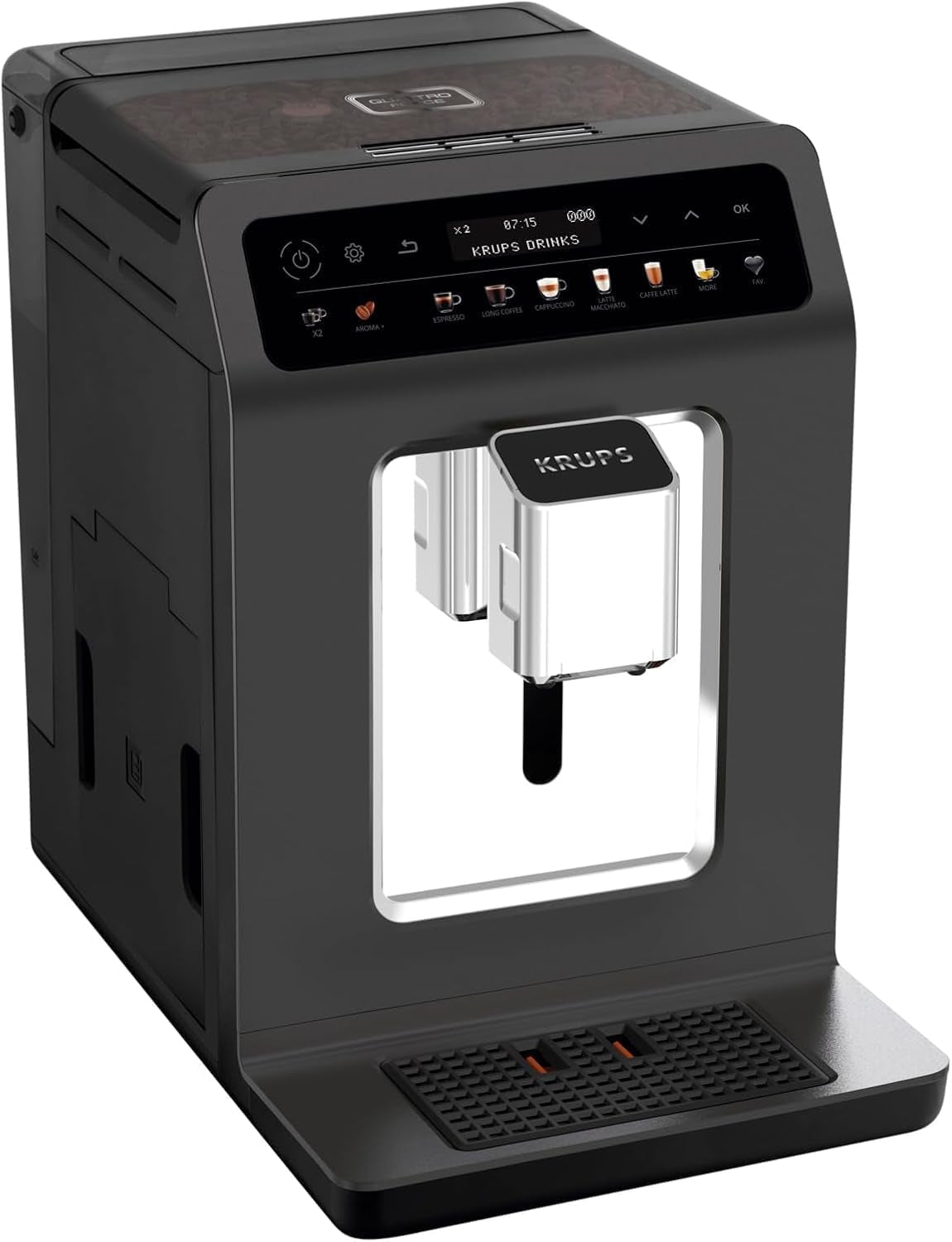 KRUPS Evidence One automatický kávovar na espresso s hadicí na mléko, cappuccino na jeden dotek, 12 speciálních nápojů, funkce 2 šálků, barevný displej, kávovar, certifikát TÜV, černá, EA895N10