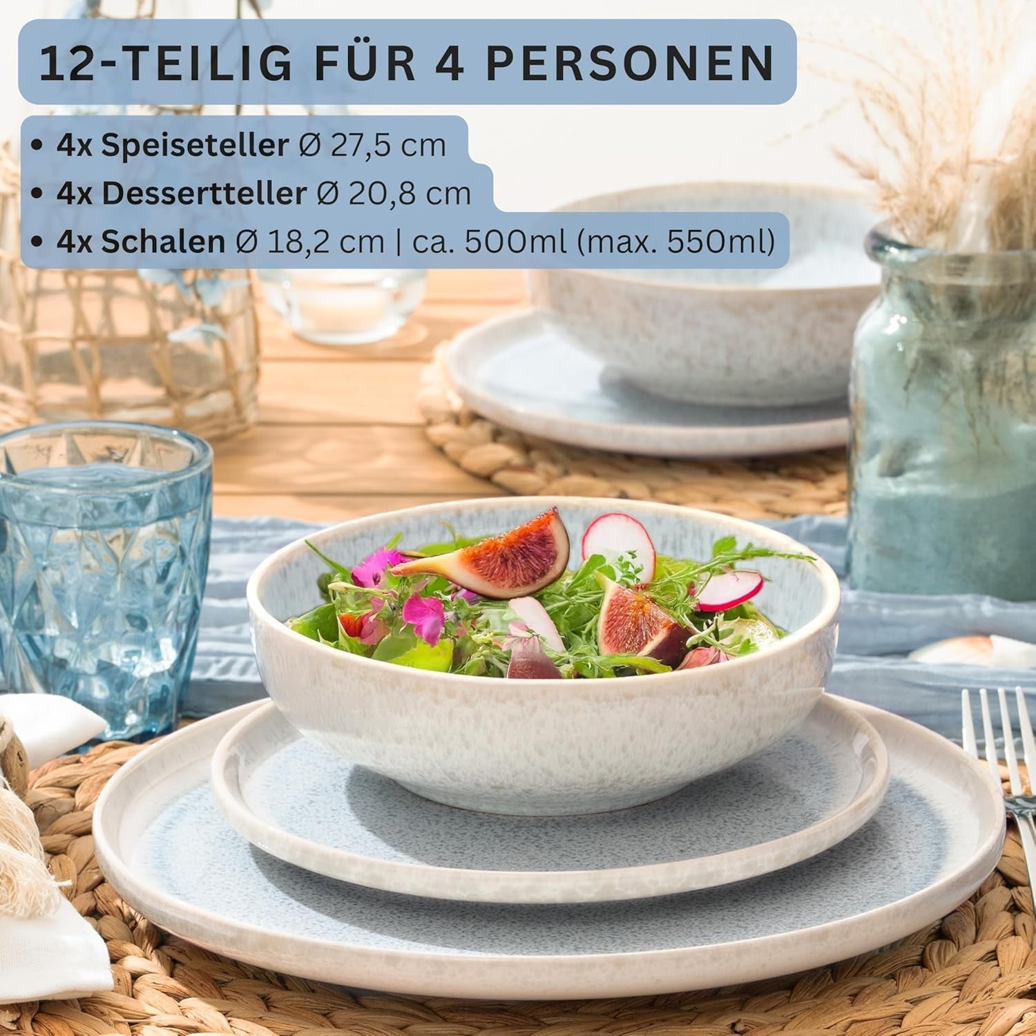 SANGER | 12dílná sada nádobí Santorini Sada talířů pro 4 osoby VELMI DOBŘE hodnocená Sada nádobí z kameniny včetně talířů, dezertních talířů a talířů Suma Krémově šeříkově modrý přechod | PRÉMIOVÁ KOLEKCE