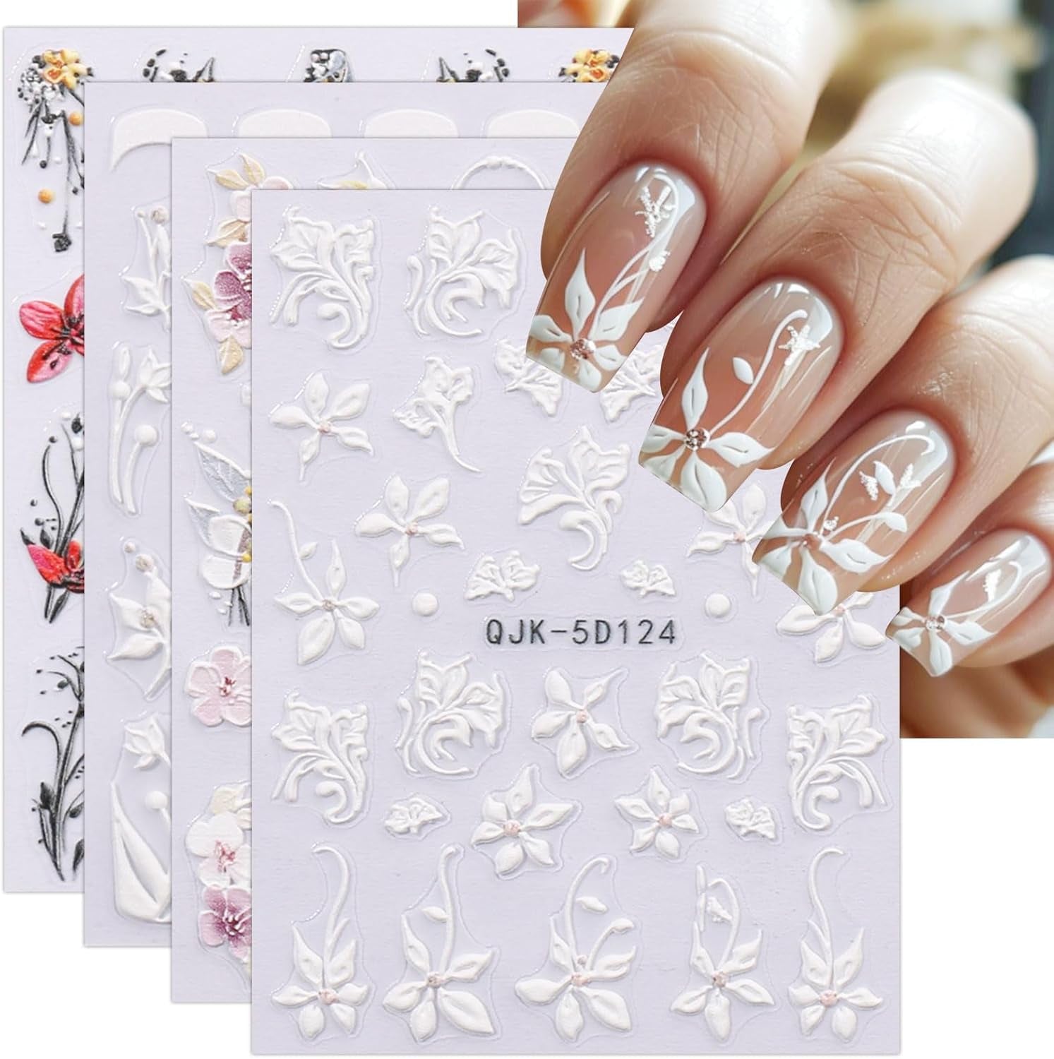JMEOWIO 3D Nálepka na nehty Blumen Nálepka na nehty Selbstklebend Nagelaufkleber 5D Stereoskopické jarní letní dekorace Nageldesign Zubehör 4 Blatt