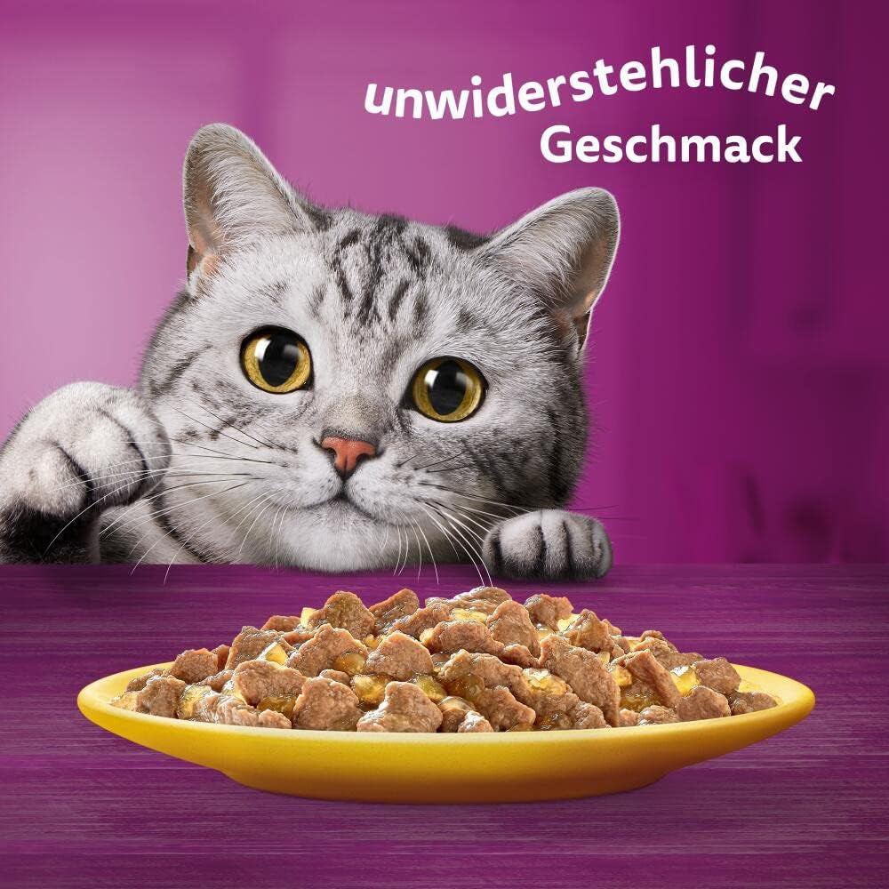 Whiskas 1+ mokré krmivo pro kočky s kuřecím masem v želé, 28x85g (1 balení) - Vysoce kvalitní mokré krmivo pro dospělé kočky v sáčcích po 28 porcích