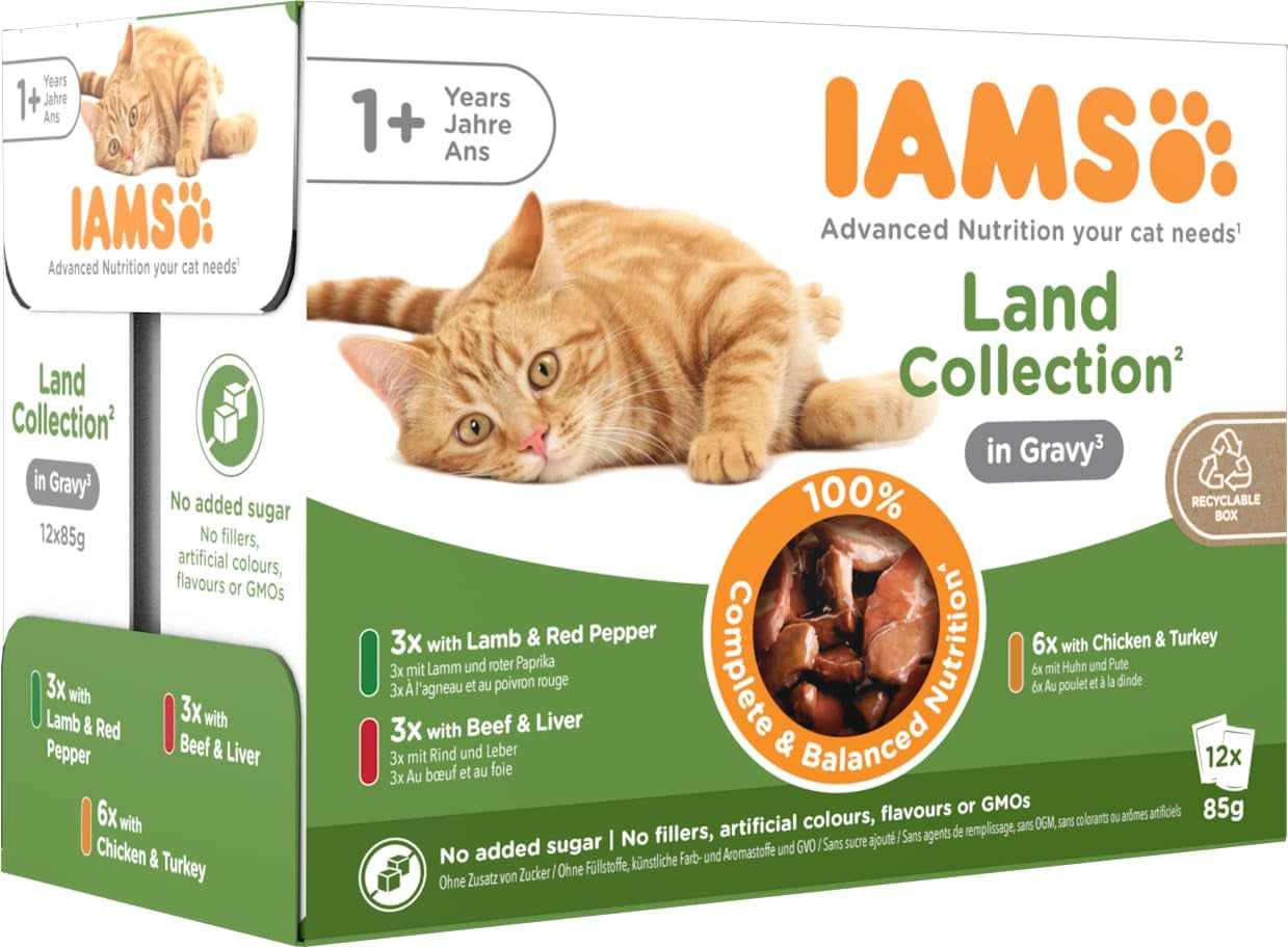 IAMS Delights Land Collection Mokré krmivo pro kočky - Multibalení s různými druhy masa (jehněčí, hovězí, kuřecí a krůtí) v omáčce, vlhké krmivo pro kočky od 1 roku, 12 x 85g