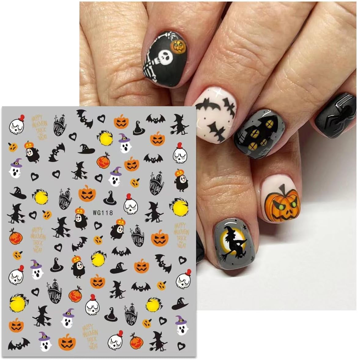 JMEOWIO Nálepka na nehty Halloween 8 Blatt Nálepka na nehty Selbstklebend Nagelaufkleber Totenkopf Horror Geist Hexe Spinnennetz Fledermaus Kürbis Spukdekoration Nageldesign Zubehör