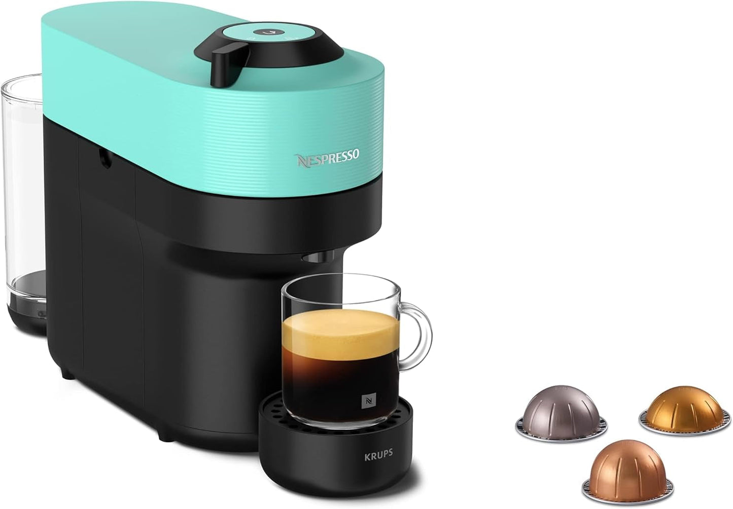 Espresso kávovar s kapslemi Nespresso Krups Vertuo Pop, objem: 560 ml, automatické rozpoznání kapslí, systém jedním dotykem, 4 velikosti šálků, zkrácená doba ohřevu, udržitelný, Aqua Mint, XN9204