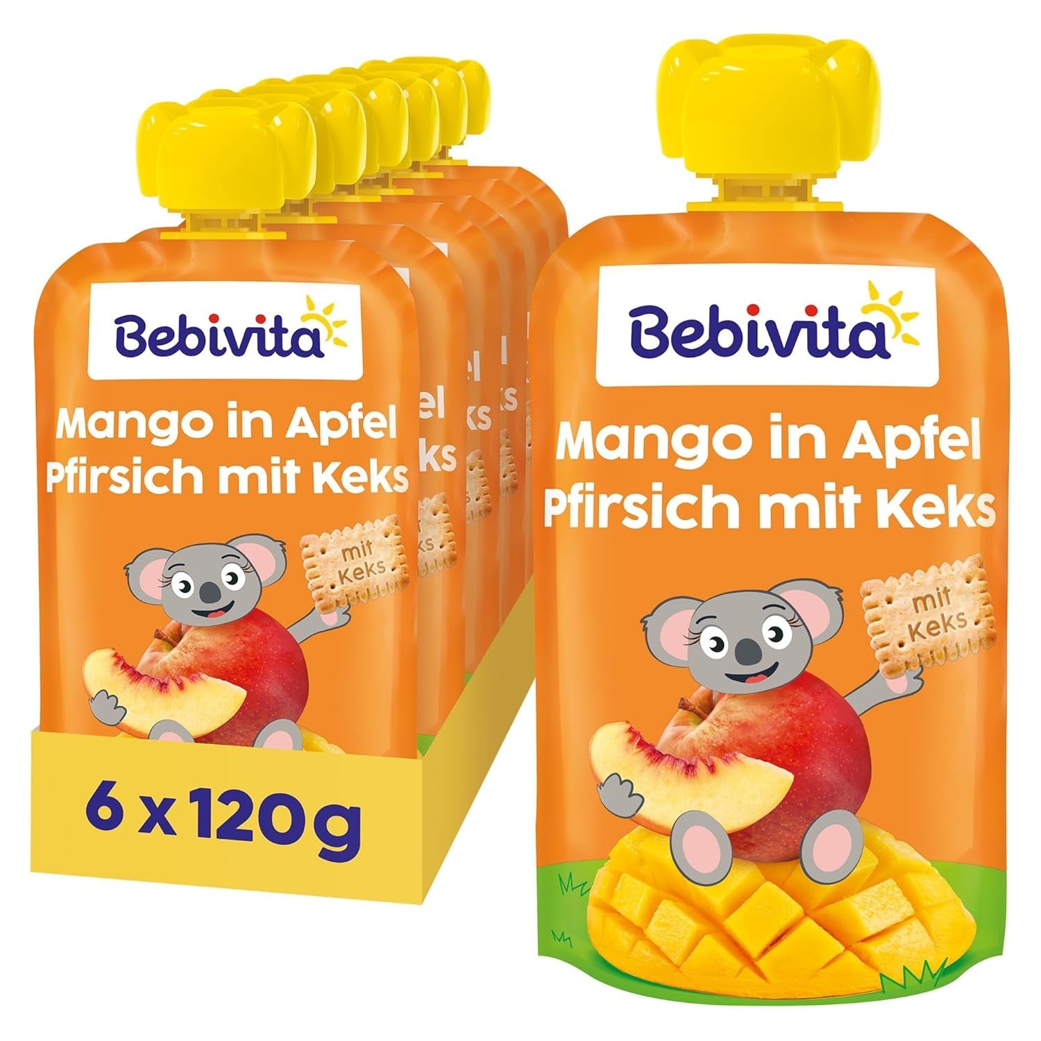 Mango v jablečné a broskvové omáčce se sáčkem sušenek (6 x 120 g), bez přidaného cukru, vyrobené z jemného ovoce a cenných obilovin, ideální pro balené svačiny a na cesty.