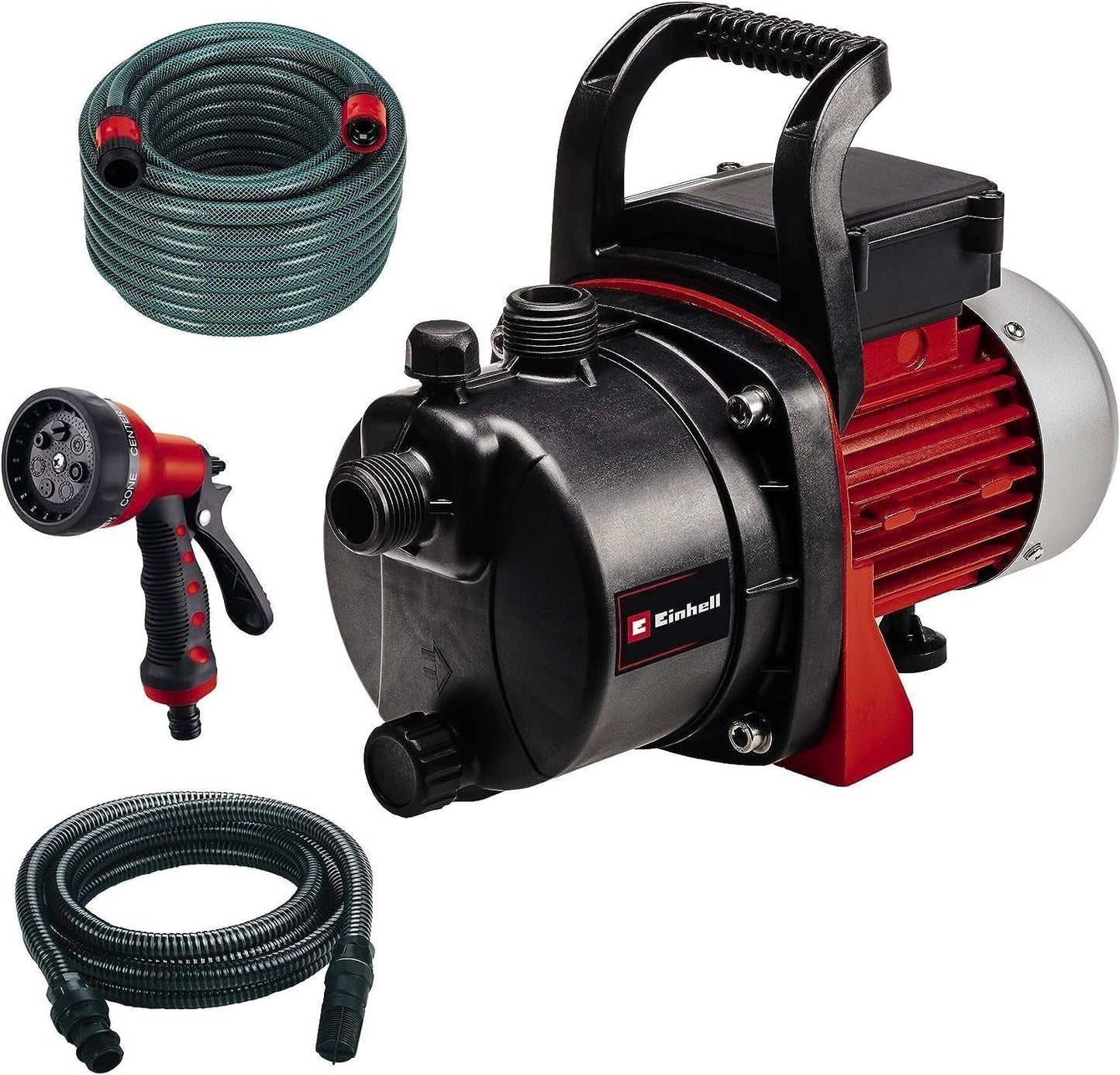 Sada zahradního čerpadla Einhell GC-GP 6538 Set/I (650 W, max. 3,6 bar, průtok 3800 l/h, šroub pro plnění/vypouštění vody, vč. 4 m sací hadice + 20 m zahradní hadice + stříkací pistole)