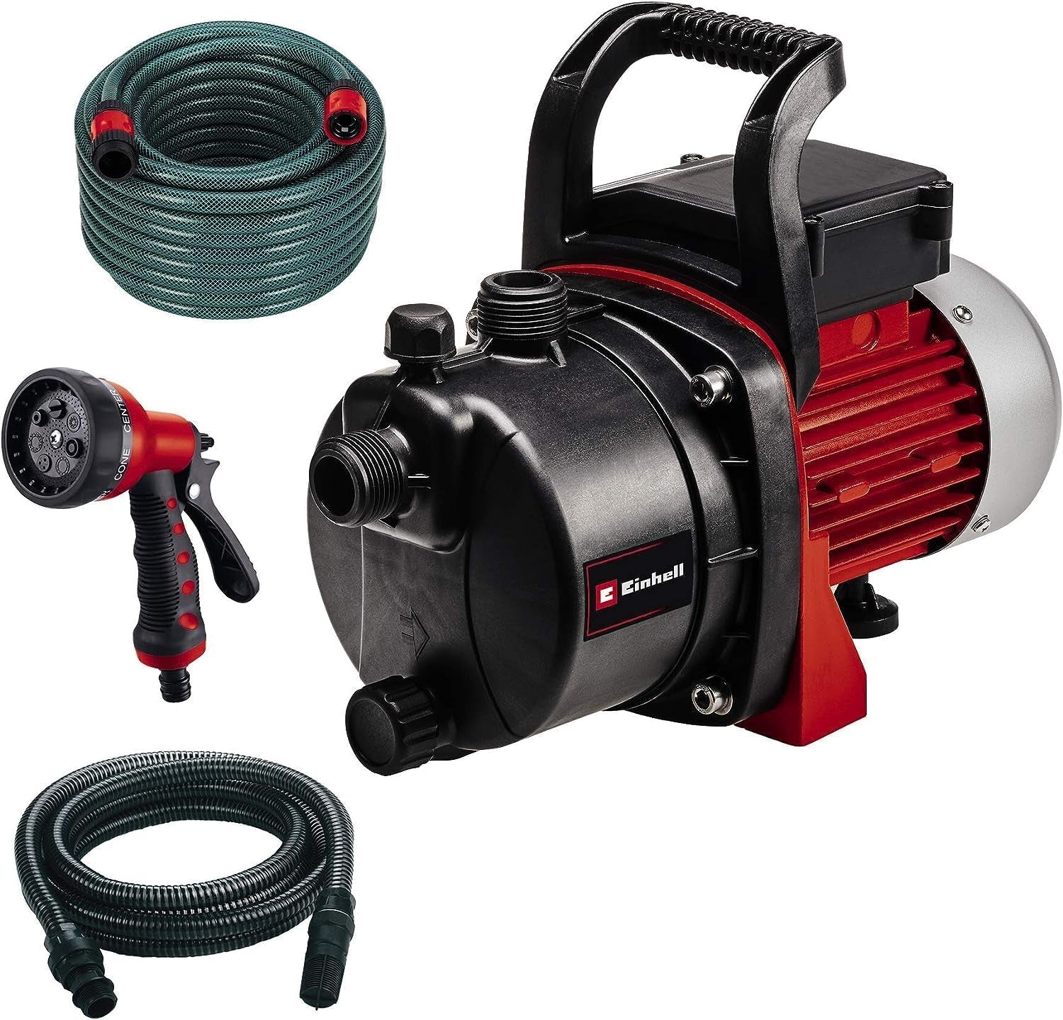 Sada zahradního čerpadla Einhell GC-GP 6538 Set/I (650 W, max. 3,6 bar, průtok 3800 l/h, šroub pro plnění/vypouštění vody, vč. 4 m sací hadice + 20 m zahradní hadice + stříkací pistole)