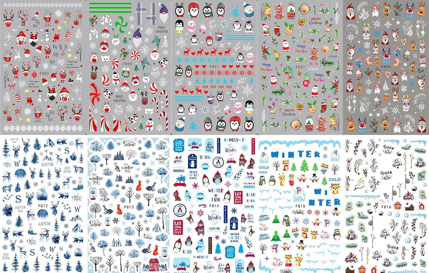 10 Blatt Nagelsticker Weihnachten Nagelaufkleber Selbstklebend Bule White Pine Tree Rentier Samolepka na nehty Dekoration Nageldesign Zubehör