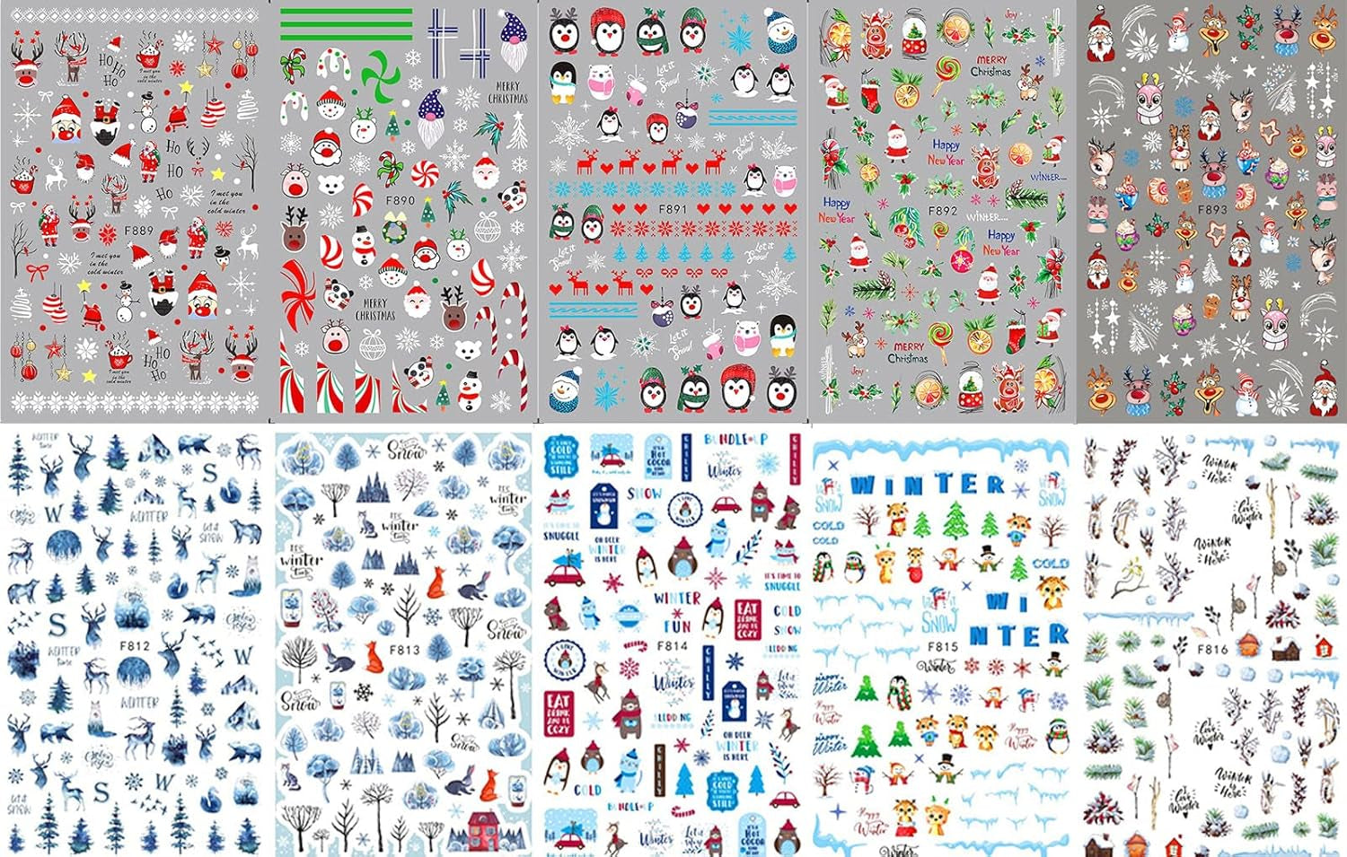 10 Blatt Nagelsticker Weihnachten Nagelaufkleber Selbstklebend Bule White Pine Tree Rentier Samolepka na nehty Dekoration Nageldesign Zubehör