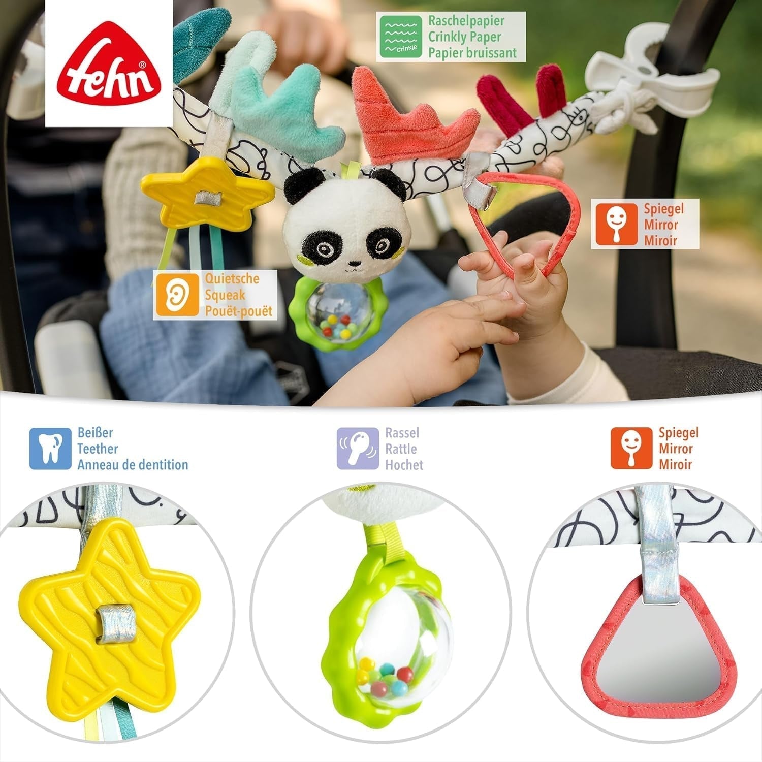 Fehn dětský pojízdný řetěz Panda Baby Mobile - dětský pojízdný řetízek s roztomilými figurkami - flexibilní závěsná hračka pro miminko - hračka do kočárku pro miminka a batolata od 0+ měsíců Baby Toys Naty Shop