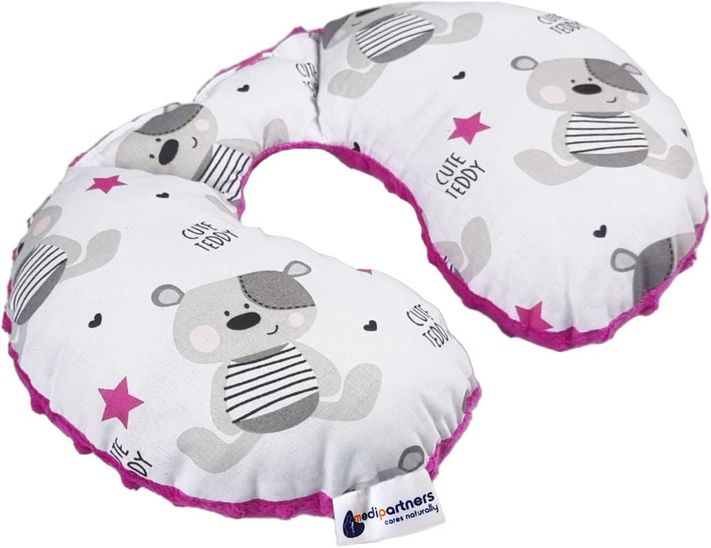 Medi Partners Baby Neck Polštář Neck Support 100% Bavlna / Minky Baby Neck Polštář do kočárku Cestování Cestování Spánek Polštář Snooze Roll (REH s šedým Minky) Krční ortopedické polštářky Naty Shop Tmavě růžový Minky Teddy Bear