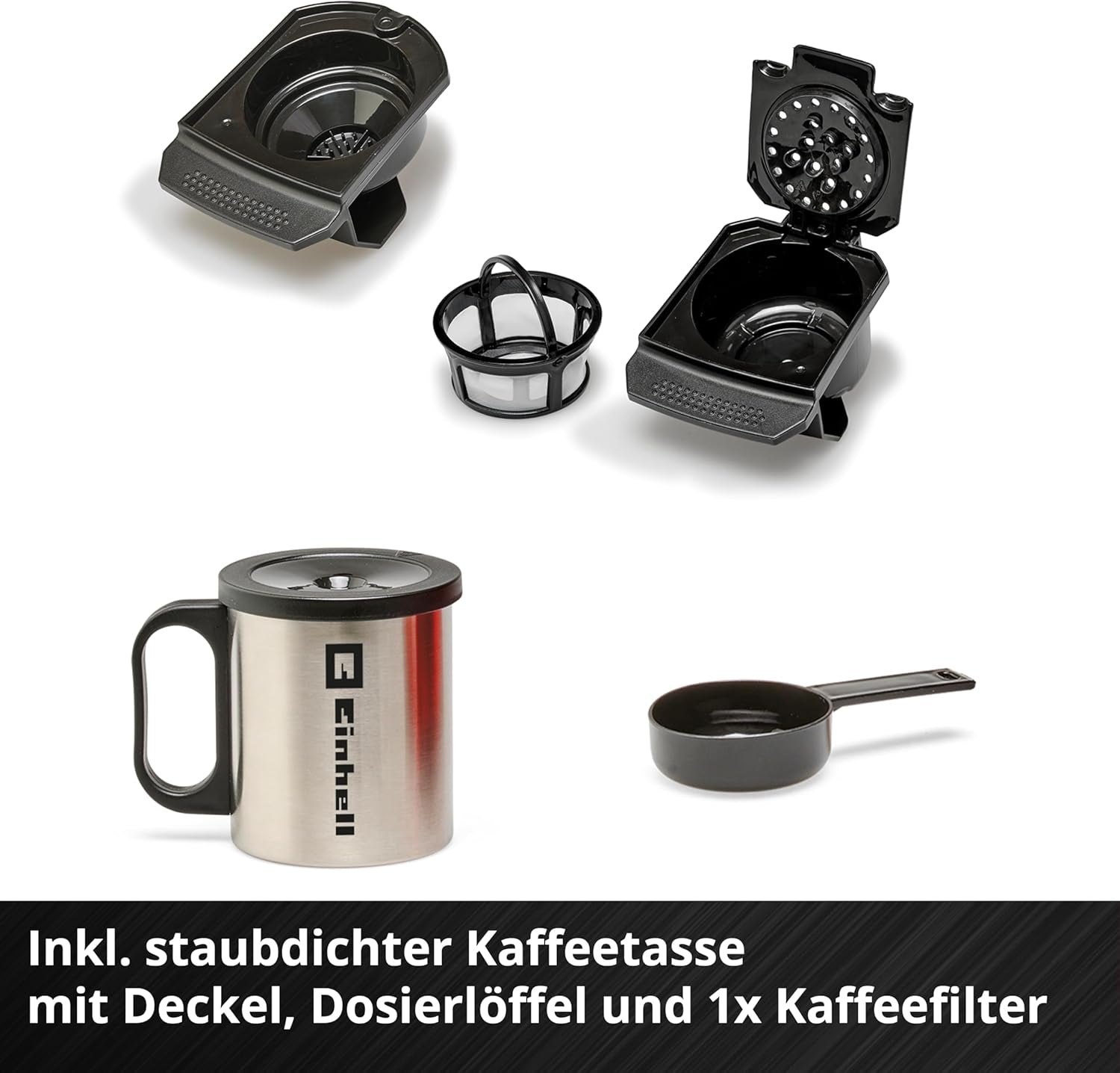 Akumulátorový espresso kávovar Einhell TE-CF 18 Li-Solo Power X-Change (18 V, nádržka na vodu 240 ml, na filtrovanou kávu a kávové kapsle, madlo na přenášení, včetně šálku na kávu s víčkem, bez baterie)